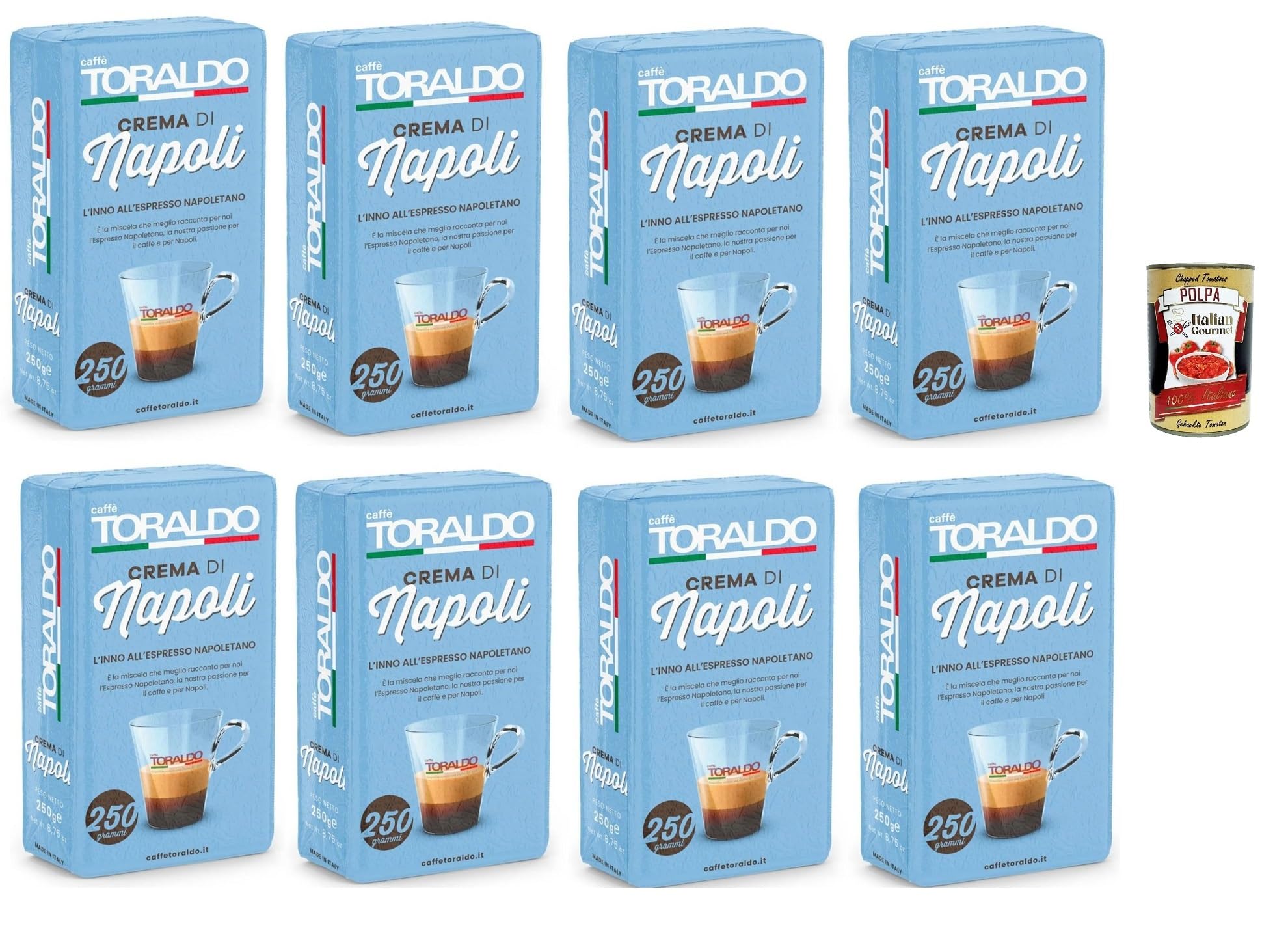 Caffè Toraldo Crema di Napoli - Café molido 8 x 250 g | Mezcla espresso napolitano | Aromas intensos y crema cremosa | Paquete al vacío | Made in Italy + Italian gourmet polpa 400g