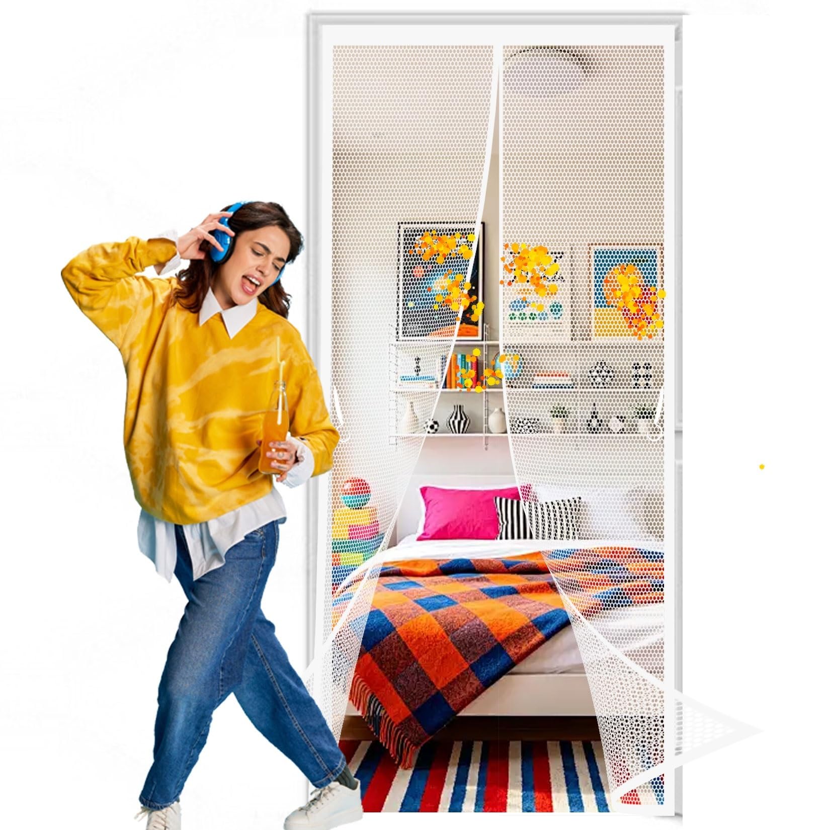 Liujyuan White Mosquito Door Screen 111 X 141 Cm Full Frame Magic Tape, Powerful Magnets Magnetic Door Curtain No Drill Installation, Keep Bugs Out For Living Garage Doors,