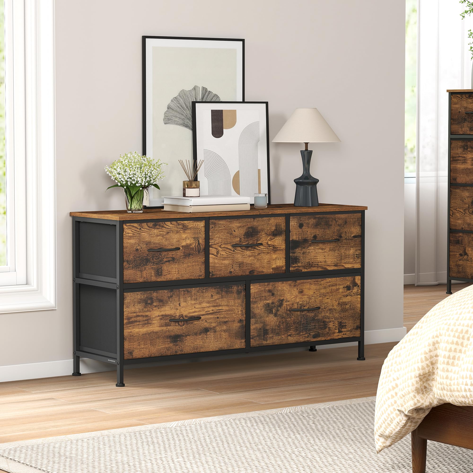 SONGMICS Chest of Drawers, 5 Storage Drawers Bedroom, Storage Unit, Steel, MDF, Non-Woven Fabric, for Bedroom, Closet, Hallway, Living Room, Rustic Brown and Ink Black LGS322BH04