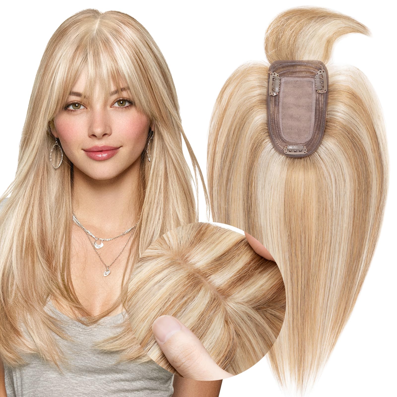MY-LADY Human Hair Toppers for Women Real Human Hair with Bangs Thin 7 * 13CM Silk Base with Lace Clip in Remy Hairpieces 150% Density 6 Inch Golden