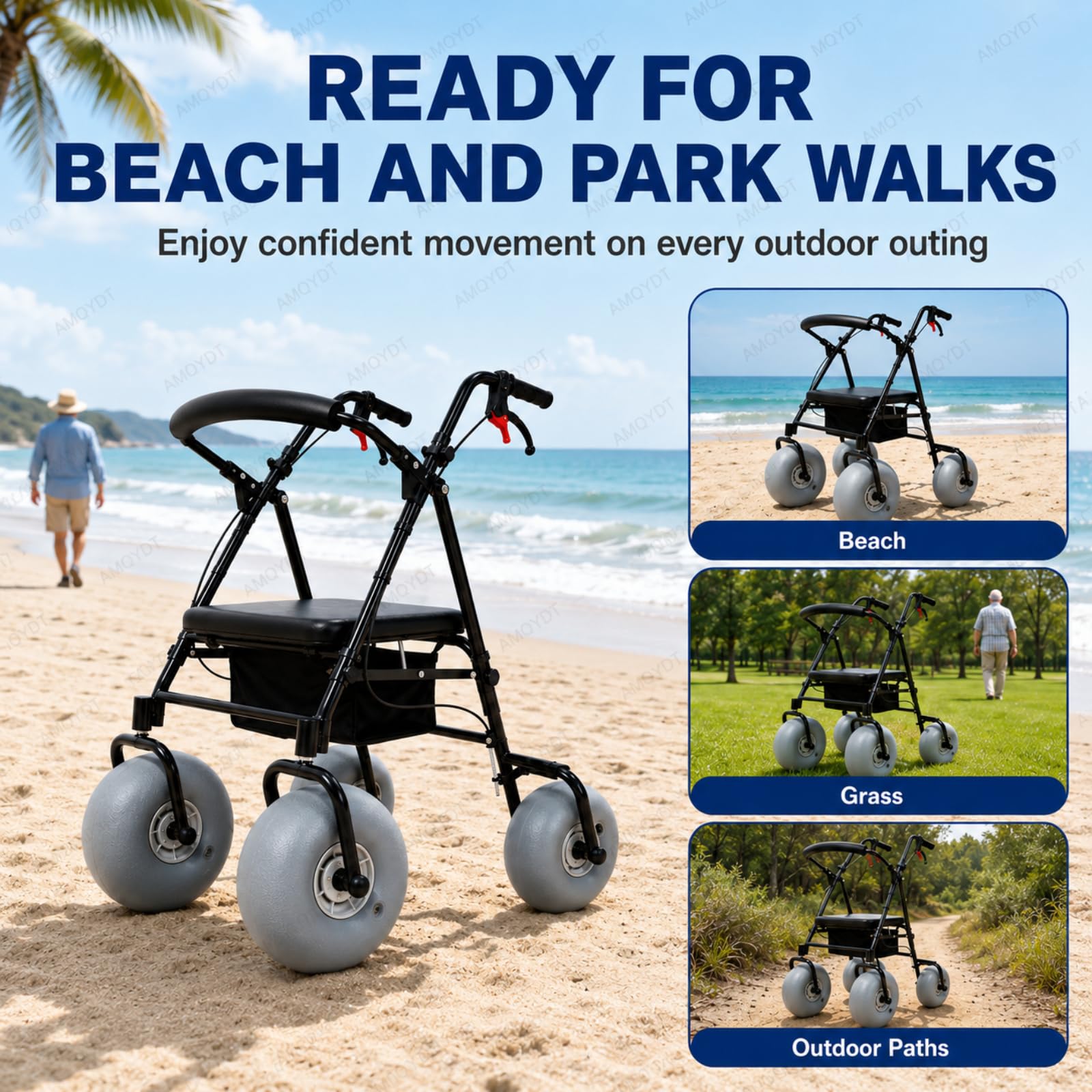 Silla De Ruedas De Playa con Neumáticos Anchos, Andador Todoterreno con Asas Ajustables, Asiento Impermeable Y Transpirable, Apto para Agua Salada Y con Capacidad para 100 Kg (220 LB) En Arena