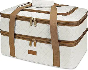 Vuudh Quilted Insulated Double Casserole Carrier - Thermal Lunch Tote for Potluck Parties, Picnic, Beach, Fits 9 x 18 Inches Baking Dish, Casserole Dish, Expandable (Beige)