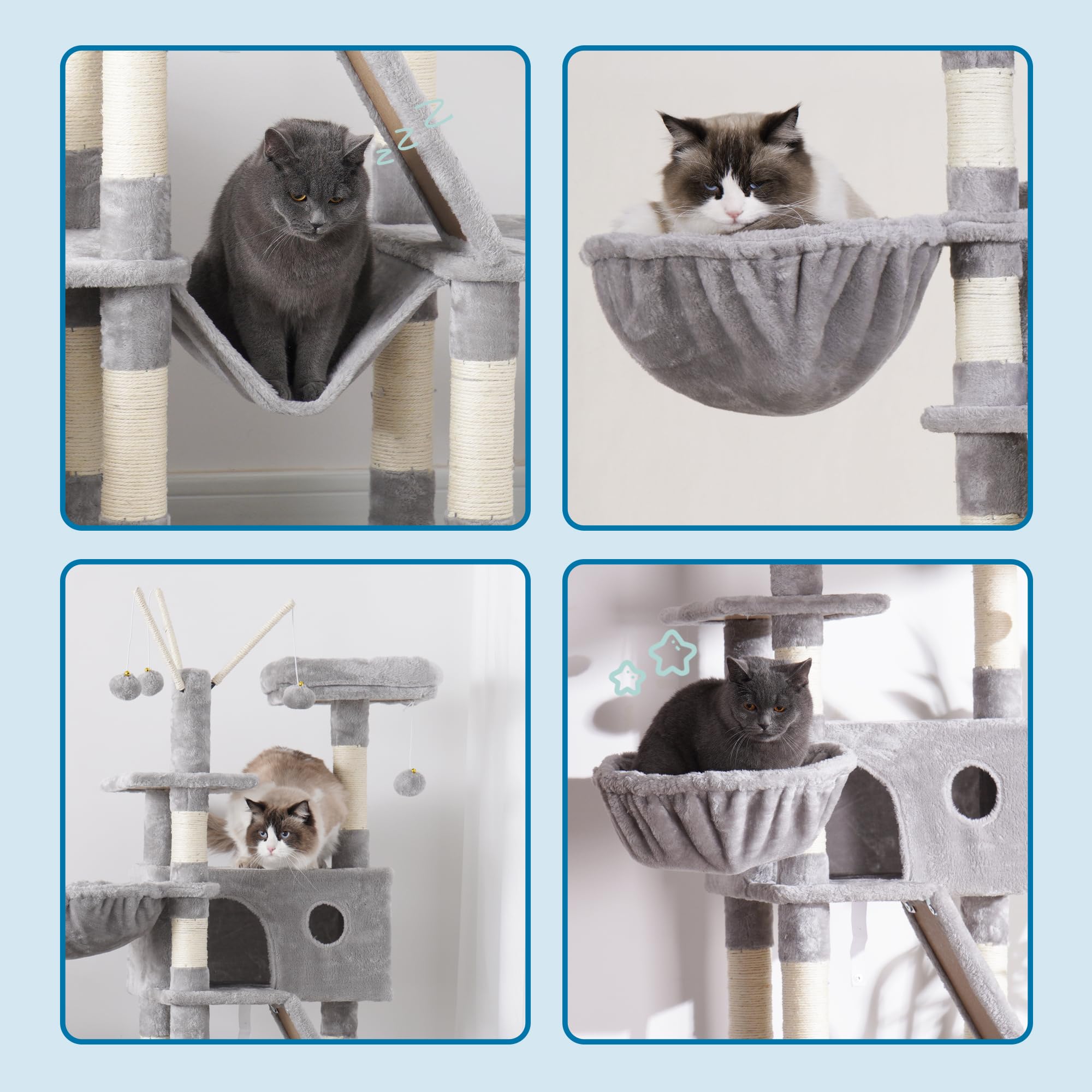 Hey-brother Albero per gatti, 154 cm, torre per gatti da interno, con piattaforma imbottita, palline giocattolo, grande condominio accogliente, amache e tiragraffi in sisal, grigio chiaro EMPJ019W