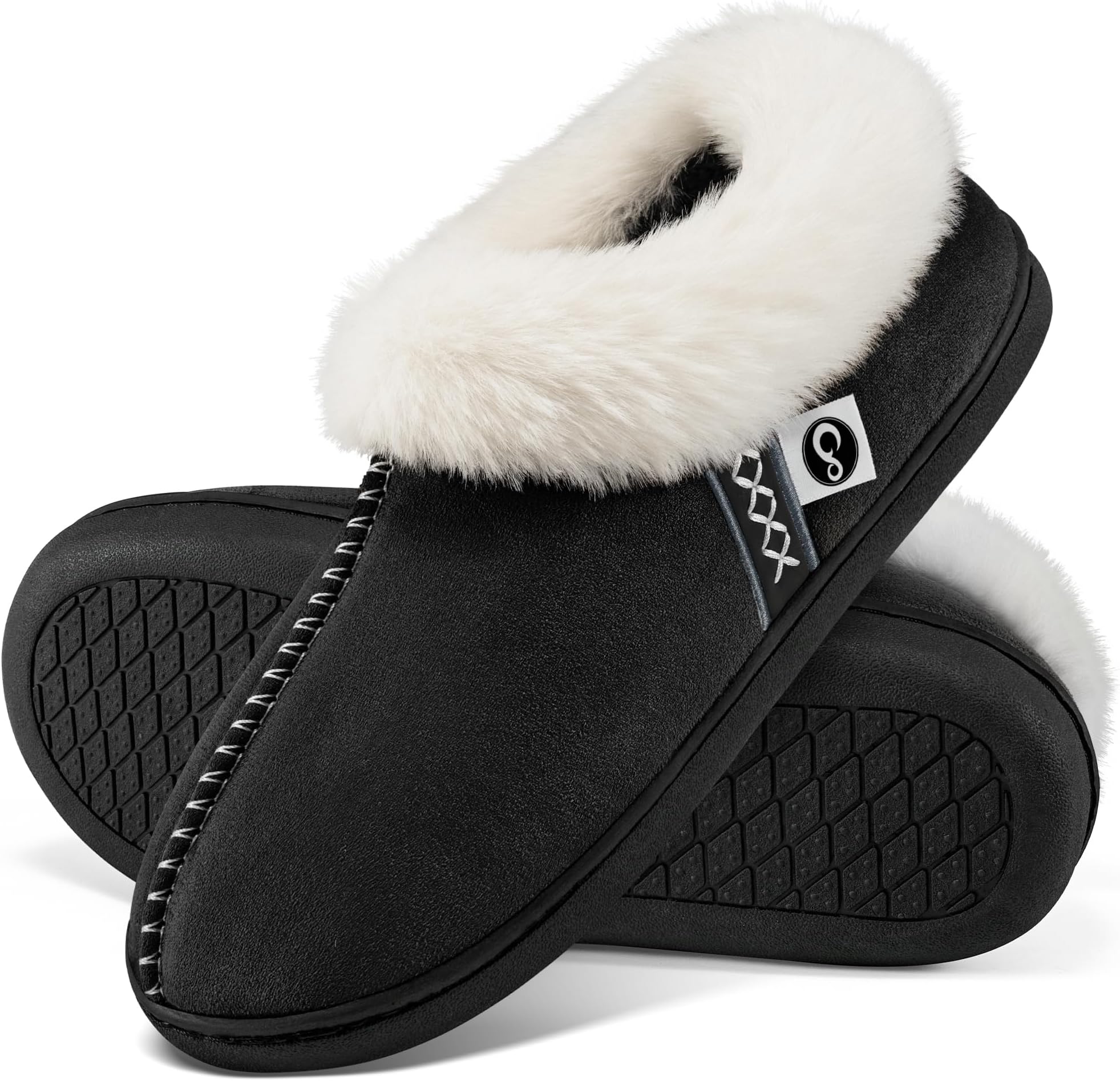 AblanczoomSlippers for Women House Shoes: Comfy Memory Foam Slippers with Fuzzy Faux Fur Collar Non-skid Rubber Sole Indoor/Outdoor