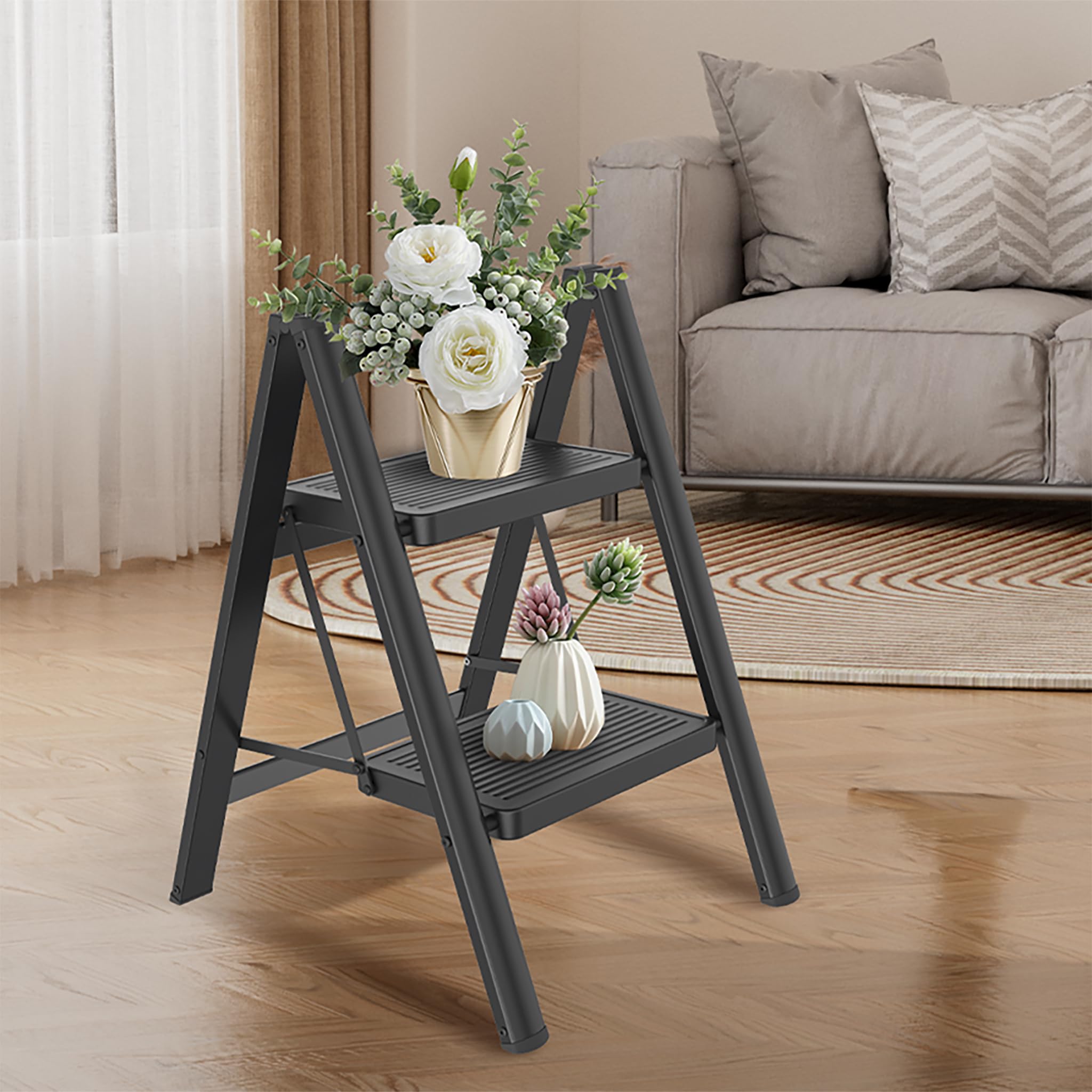 LARS360 Escabeau pliable à 2 marches - Échelle en acier - Tapis en caoutchouc antidérapant - Marches élargies - Charge maximale : 250 kg - Pour la maison, le bureau, le garage - Noir