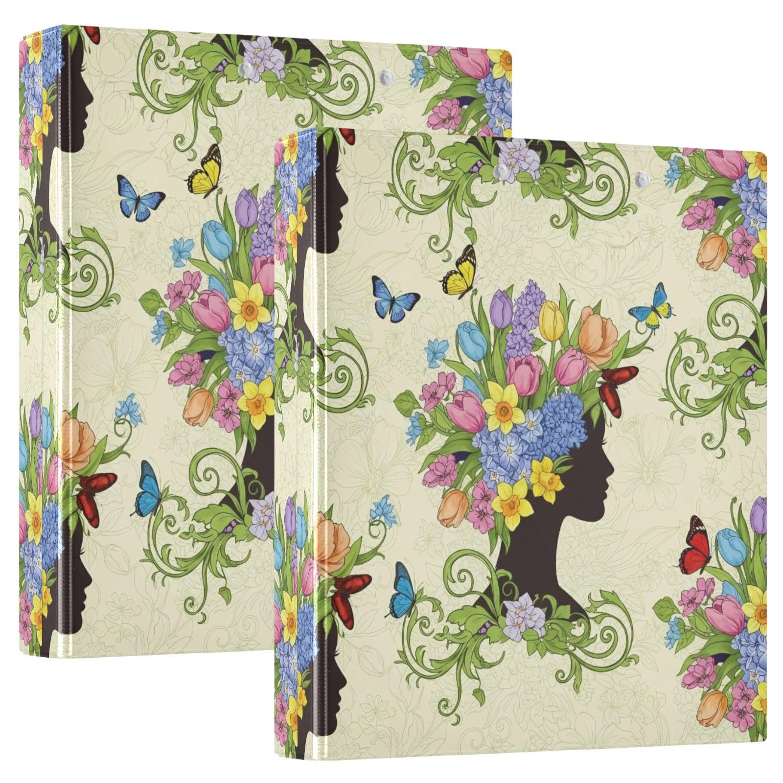 Carpeta de 3 anillos, carpeta de anillos en D coloridos florales, paquete de 2 | Con portapapeles y bolsillos, para escuela, universidad, oficina