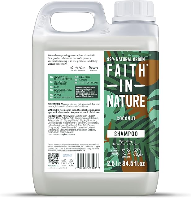 Faith In Nature Natural Coconut Shampoo, Hydrating, Vegan & Cruelty Free, No SLS or Parabens, For Normal to Dry Hair, 2.5L