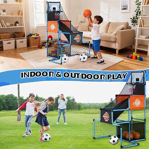 Miniatura 4 de Juego de baloncesto 2 en 1 y portería de fútbol para niños, aro de baloncesto ajustable con 6 bolas y bomba, juegos para interiores y exteriores,