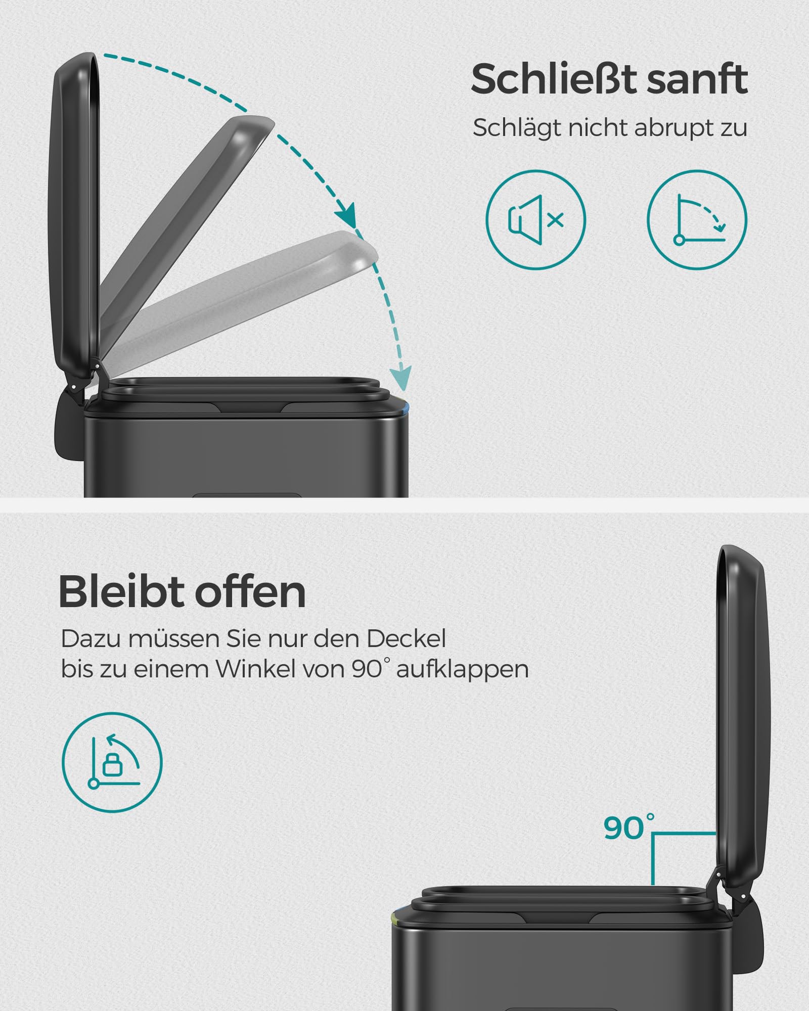 SONGMICS Mülleimer Küche, 2 x 20 L, Mülltrennsystem 2 Fächer, Abfalleimer Metall, Treteimer, Inneneimer aus Kunststoff, Softclose-Deckel, mit Griffen, geruchsdicht, schwarz LTB40B02