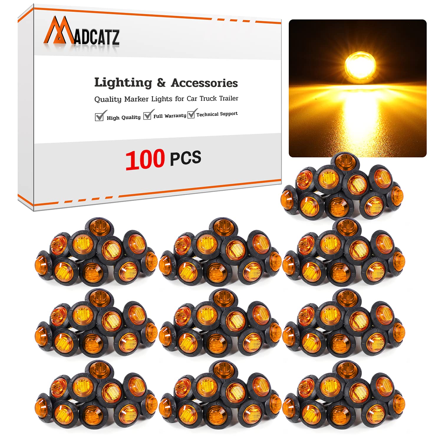 MADCATZ 100Pcs 3/4'' Amber Round 3 LED Bullet Marker lights, Front Rear Side LED Marker Lights, Clearance Lights, Trailer Marker Lights for Truck RV Car Bus Van Pickup ATV Boat Caravan