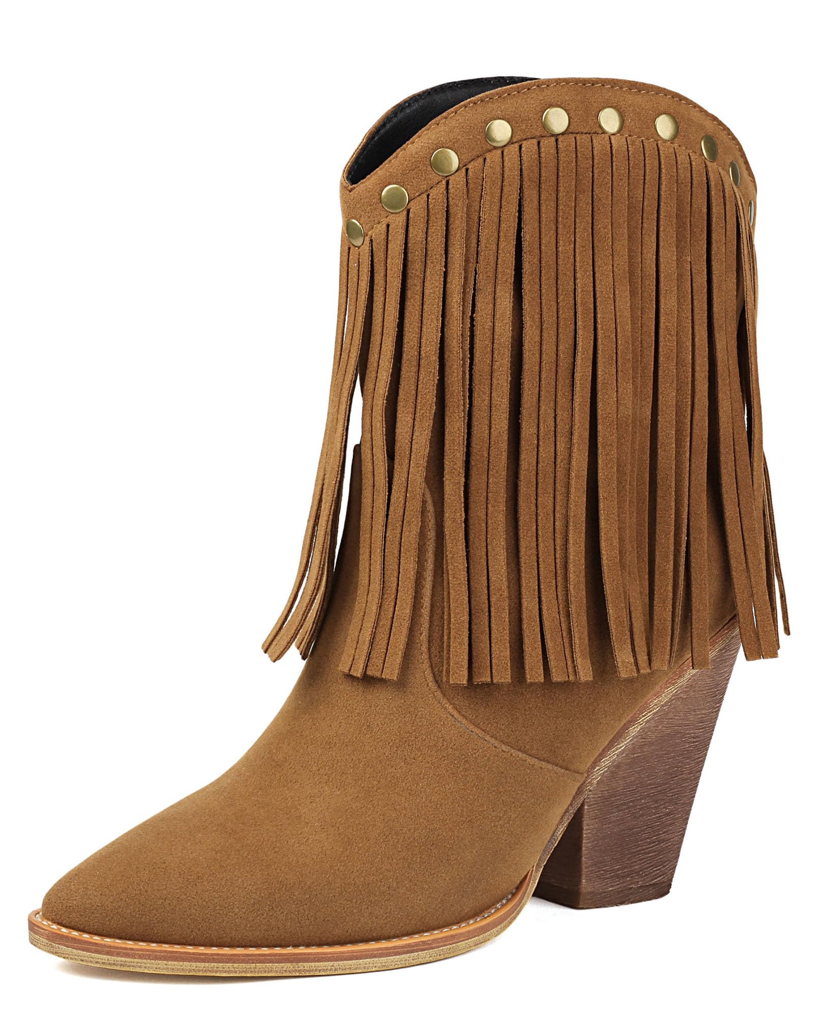 Bellirala Fringe Studded Cowboy Boots for Women Chunky High Heels Ankle Booties Block Western Cowgirl Boot Tassel Country