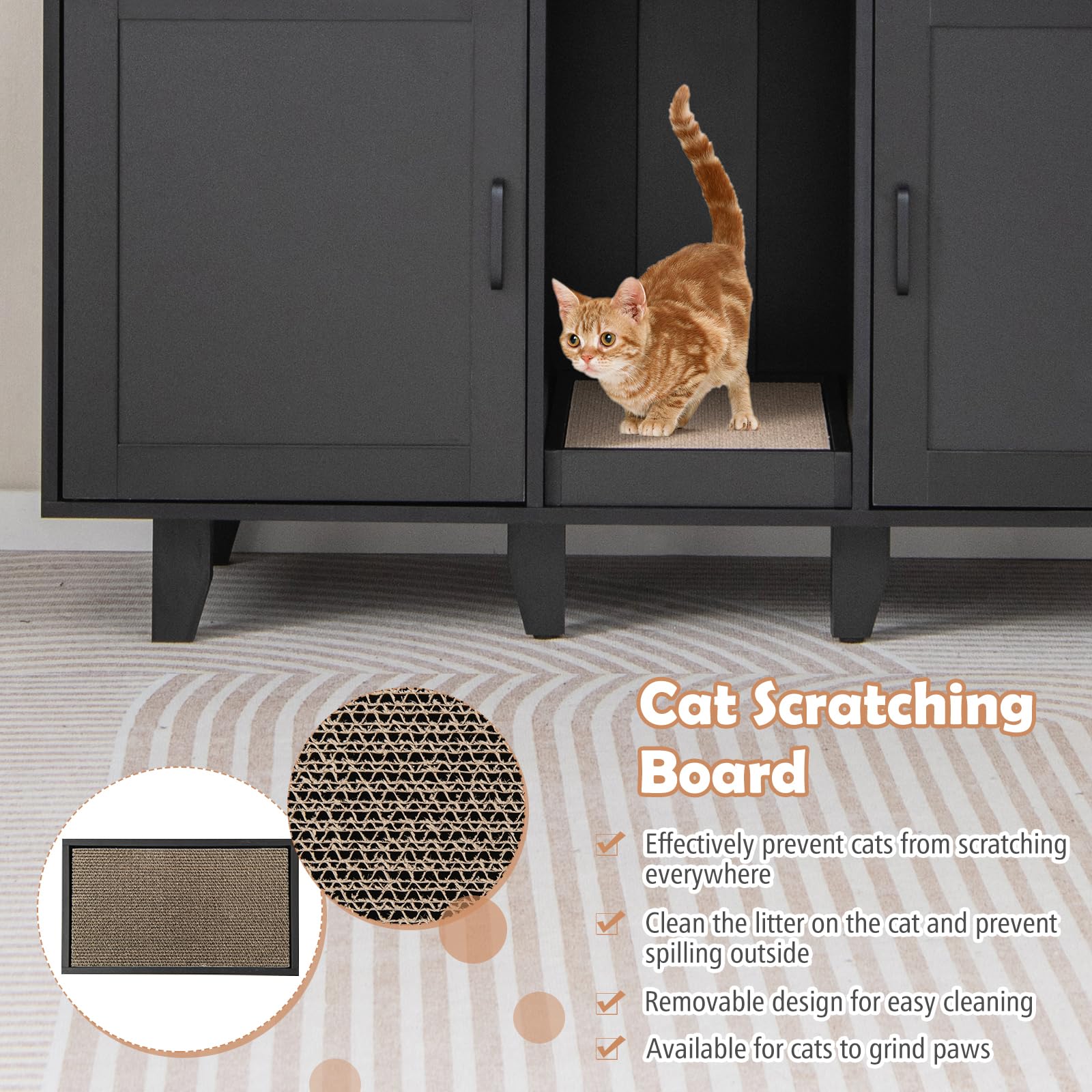 SOARS Mobile Lettiera per Gatti con 2 Ante, Armadio per Gatto in Legno con Ingresso Centrale e Tiragraffi, Grotta Rifugio Multiuso per Soggiorno e Camera da Letto, 120 x 52 x 65 cm (Nero)