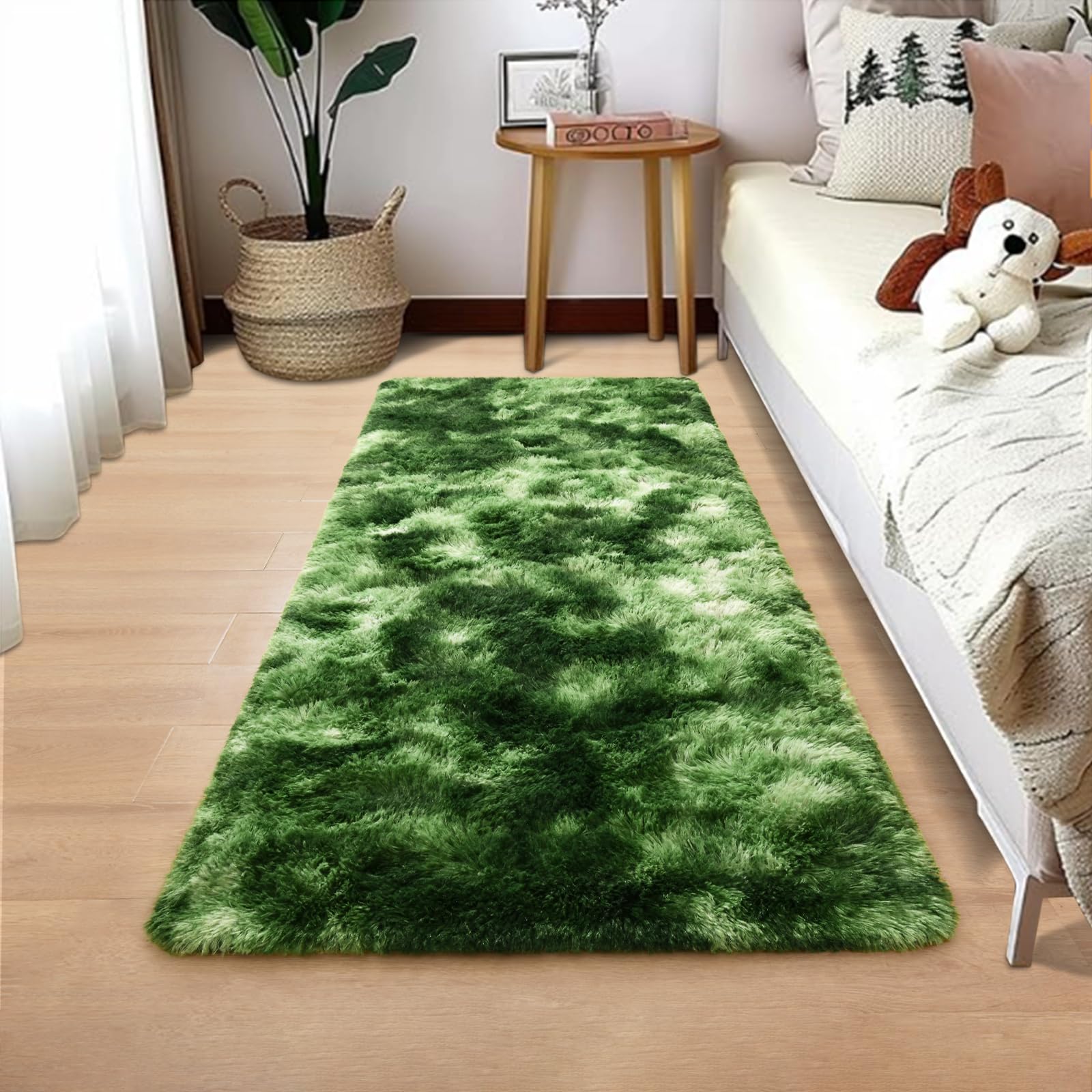 Nuttumico 2x4 Feet Soft Runner Rugs for Bedroom Living Room Plush Fluffy Rug, Green Non-Slip Shag Area Rugs Carpet for Bedside Kids Girls Room Nursery