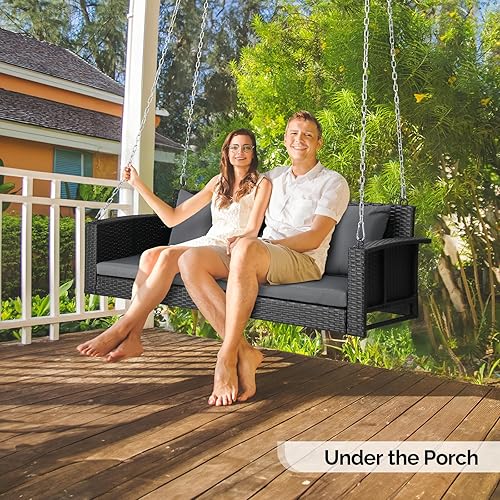 Miniatura 6 de VINGLI Columpio colgante de mimbre resistente de 800 libras con cojines y cadenas, banco de mimbre para exteriores de 5 pies para jardín, patio,