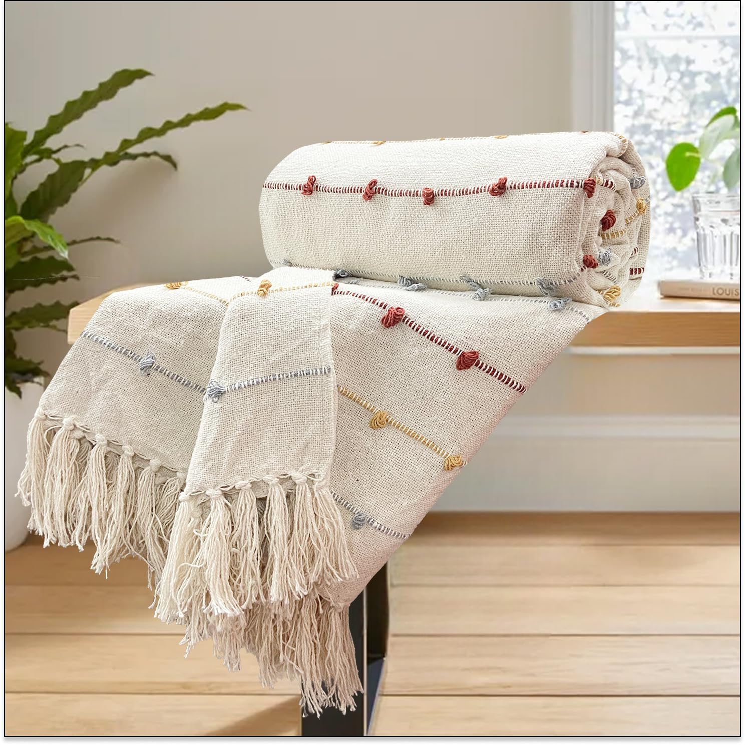 - SAJAVAT HOME Hand-Knitted Cotton Sofa Throw | All-Season Throw Blanket for Sofa, Bed, Couch, Chair & Travel | 80×52 Inches (204×132 cm) | Beige Multi with Tassels | Pack of 1