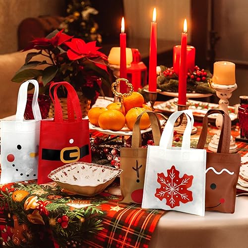 Miniatura 6 de FHzytg Paquete de 20 bolsas de regalo de Navidad, bolsas de favor de fiesta de Navidad con estampado de hombre de jengibre, muñeco de nieve, reno,