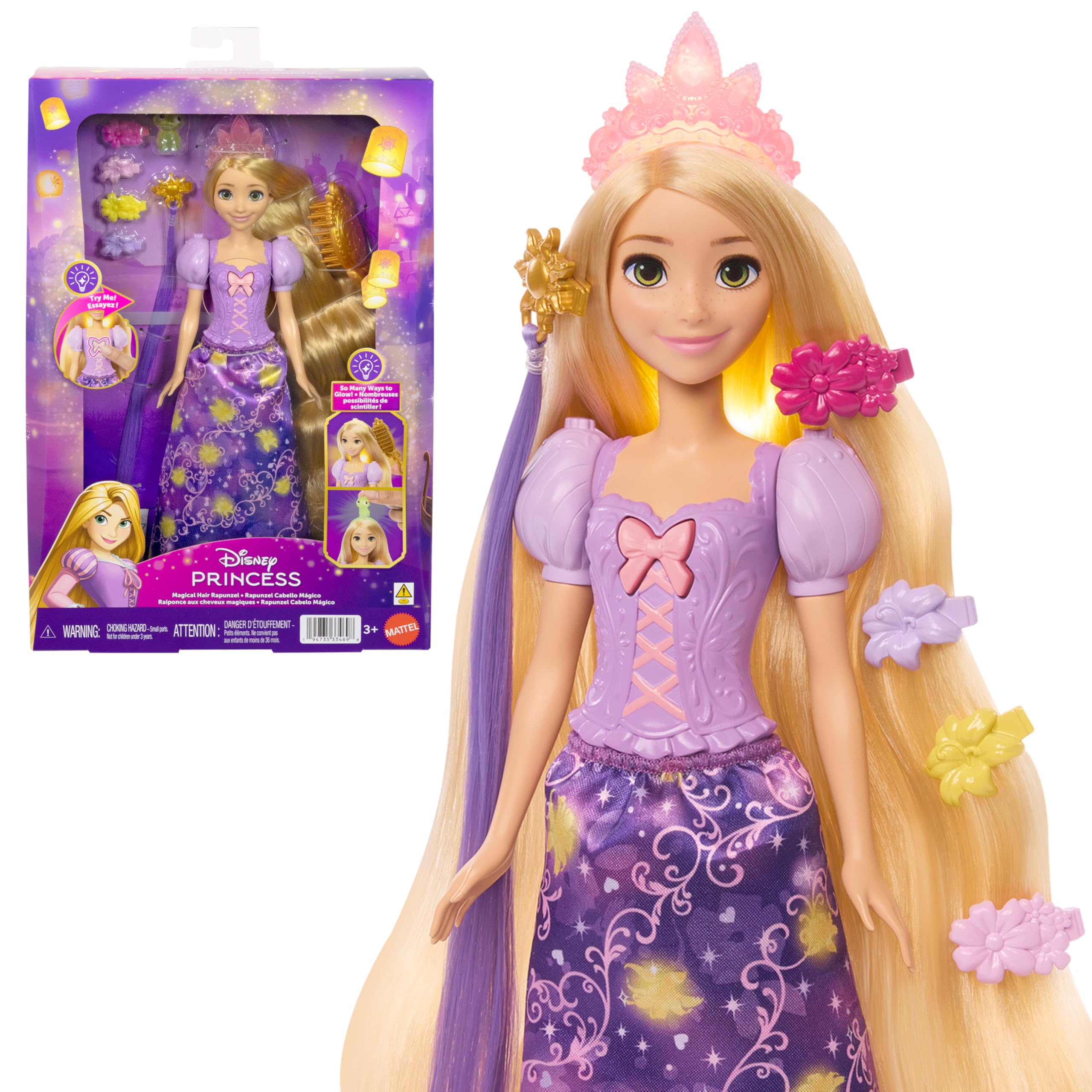 Mattel Disney Princess Roszpunka Magiczne włosy Lalka JHL46, podświetlane włosy, figurka, akcesoria do stylizacji, interaktywna zabawka dla dzieci 3+