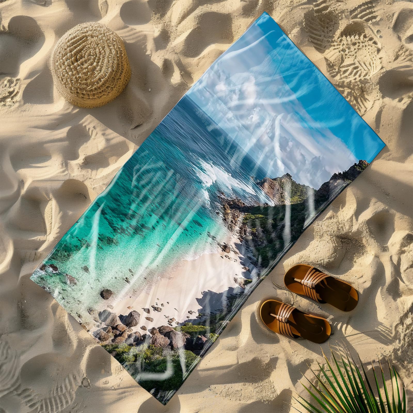 Tapis de Plage XXL Anti Sable Ocean Stone Vert Serviette Piscine Adulte,Natte De Plage Pliable, Voyage Accessoires De Plage Camping,Serviette de Bain Personnalisée