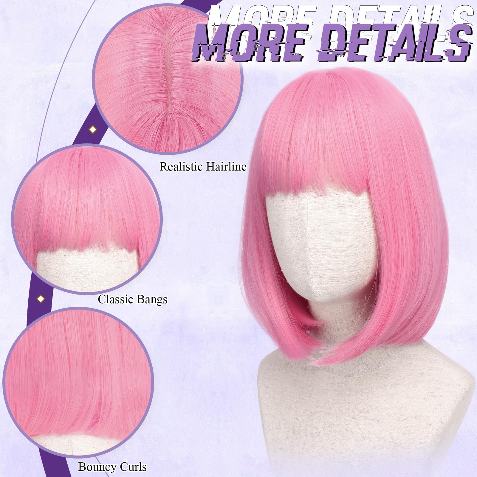 FESHFEN Rosa Claro Corta Bob Pelucas con Flequillo, 30 cm Vistoso Bob Corto de Neón Sintética Peluca para Mujer Festivo Fiesta Disfraz Diario Cosplay Wear Carnaval Light Pink