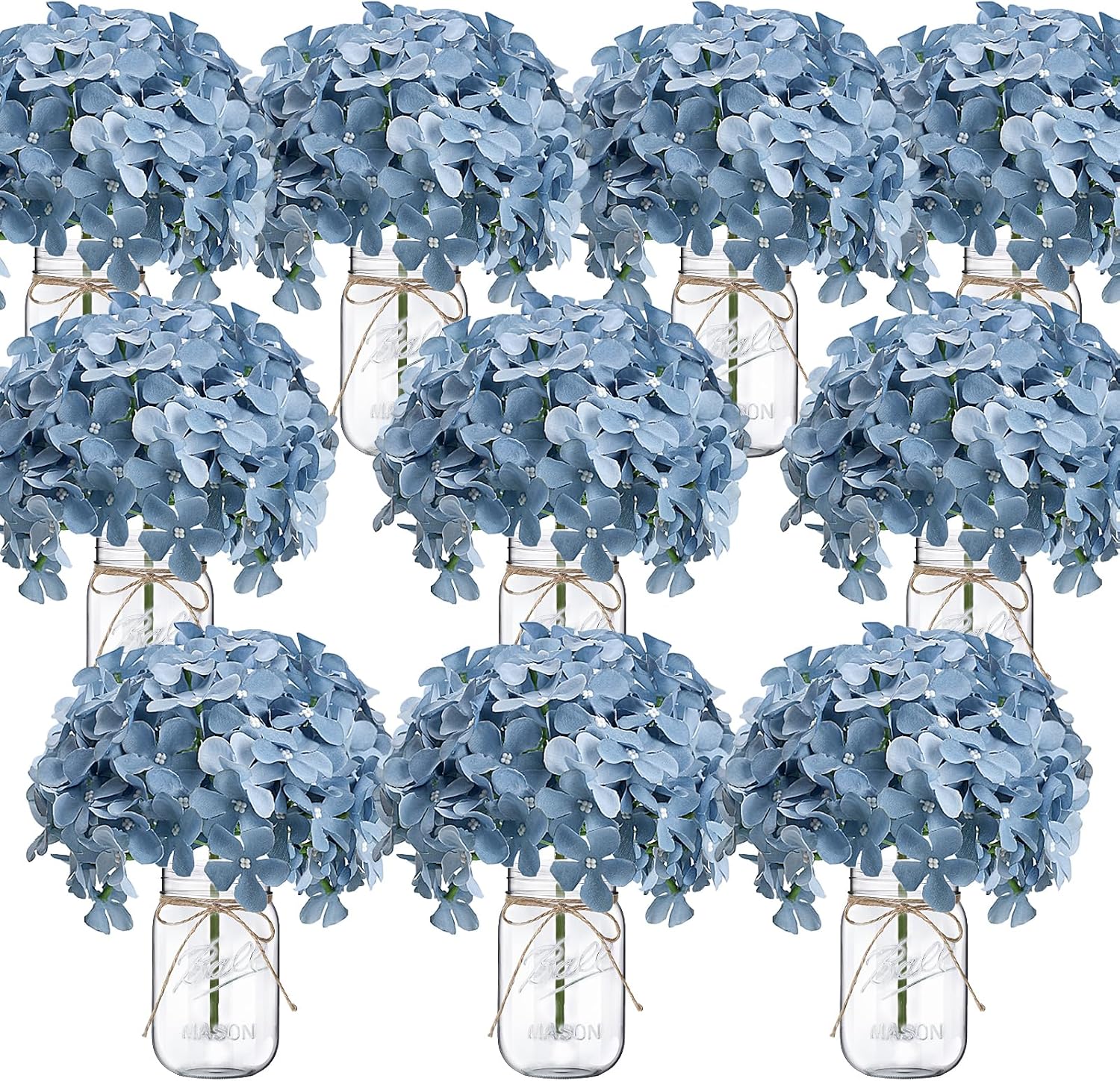 Hydrangea Flower in Mason Jars, 10 Set Floral Arrangements Table Centerpieces Decor Glass Flowers Vases for Home Party Wedding Bridal Shower Graduation Boho Decorative(Blue) Dusty Blue