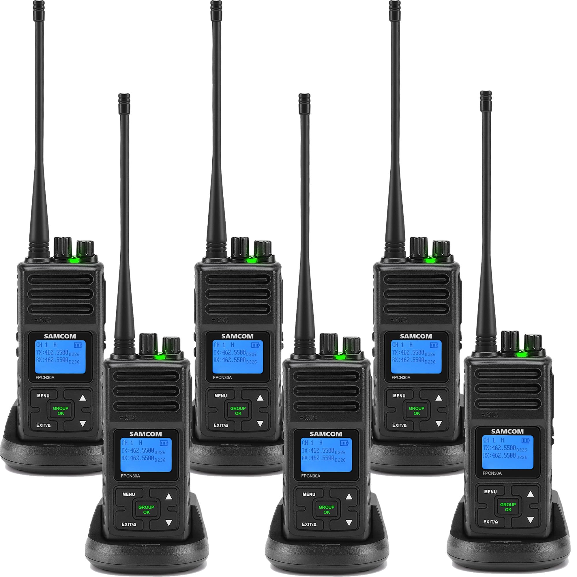SAMCOM 5 Watt 2 Way Radio Walkie Talkie Long Range, 6 Pack FPCN30A Two Way Radios Rechargeable for Adult with Earpieces, Group Call, Programable UHF Radio for Hospitality, Construction, Outdoor