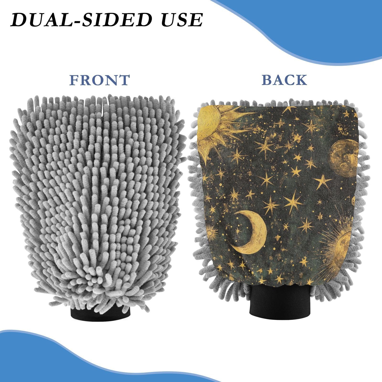 ALAZA Alchemy Moon Star Sun Car Wash Mitt Scratch Free, 2 Pack Absorbent Microfiber/Chenille Washing & Drying Mitts, L