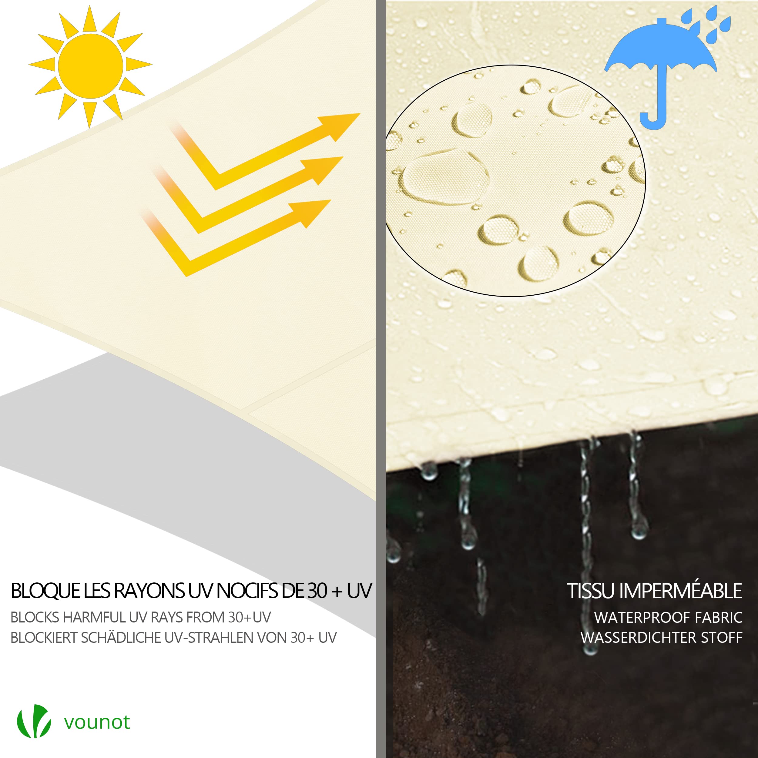 VOUNOT® Vela Ombreggiante Triangolare 5x5x5m, Tenda da Sole Impermeabile Protezione UV per Esterno Beige