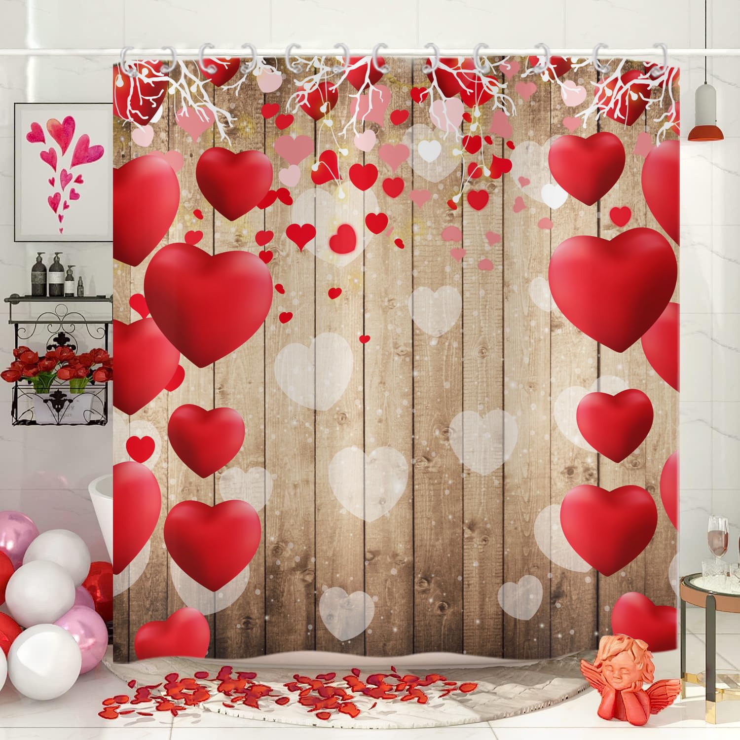 Hnmdmyi Valentine's Day Shower Curtain 165x180, Red Love Hearts Shower Curtains Rustic Wooden Board Farmhouse Bathroom Curtains Waterproof Polyester Fabric Washable Wet Room Bath Curtains with Hooks