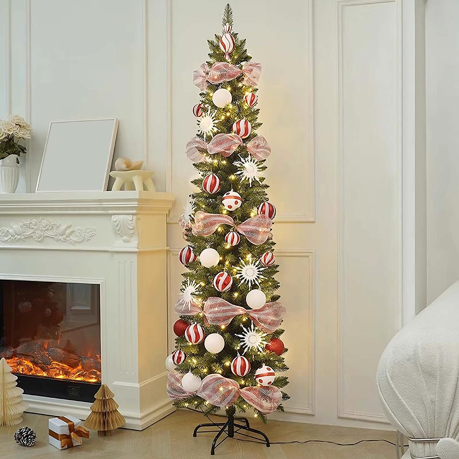 Alberi di Natale Artificiali Piccolo Decorazioni Natalizie Materiale in PVC Albero di Natale Slim Perfetti per la Casa, i Negozi e le Decorazioni Natalizie(Red,150cm/59.1")