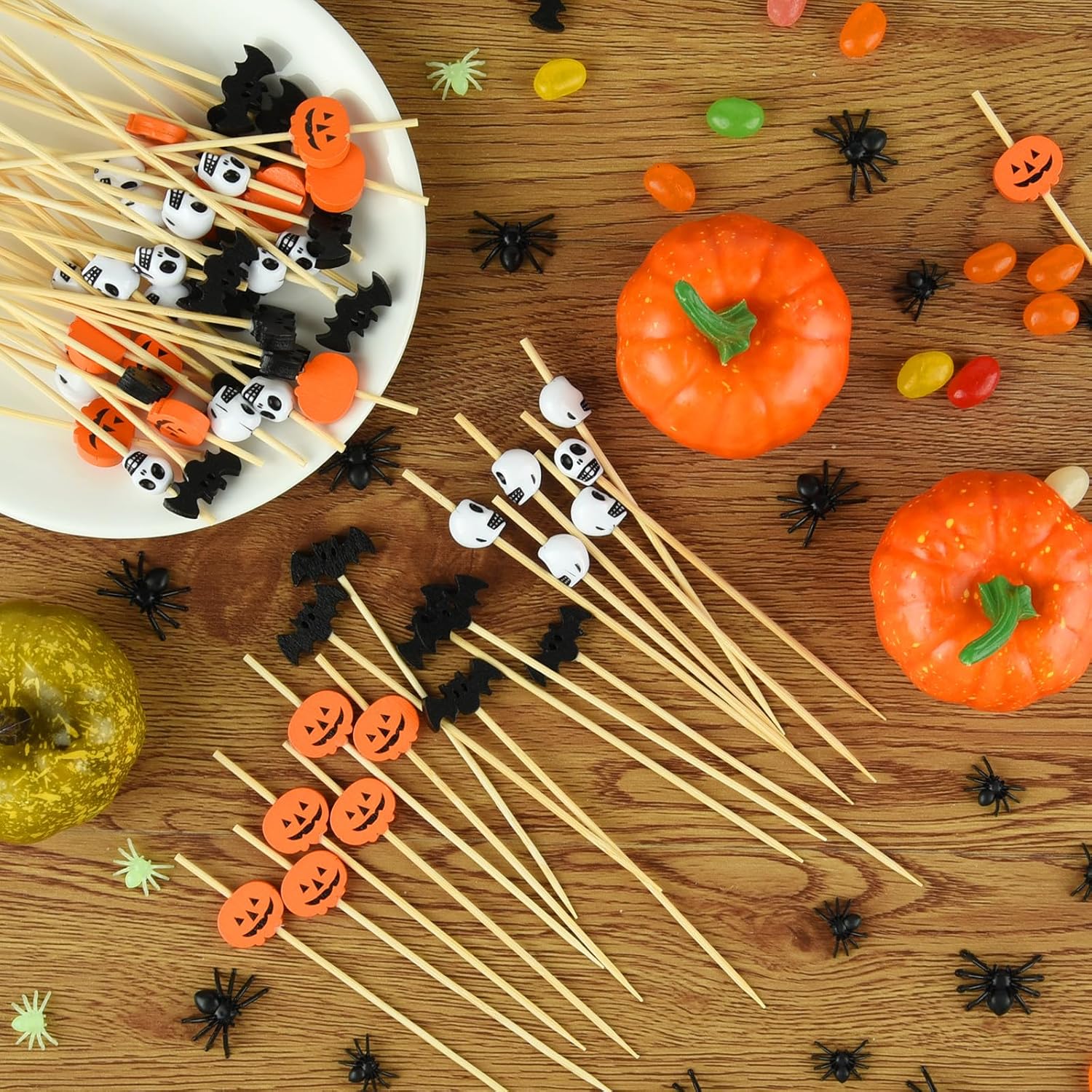 ASTARON 150 Counts Halloween Pumpkin Cocktail Picks for Halloween Party Supplies Wooden Bats and Skull Cocktail Picks 4.7 In Appetizer Picks Fruit Forks for Halloween Decorations