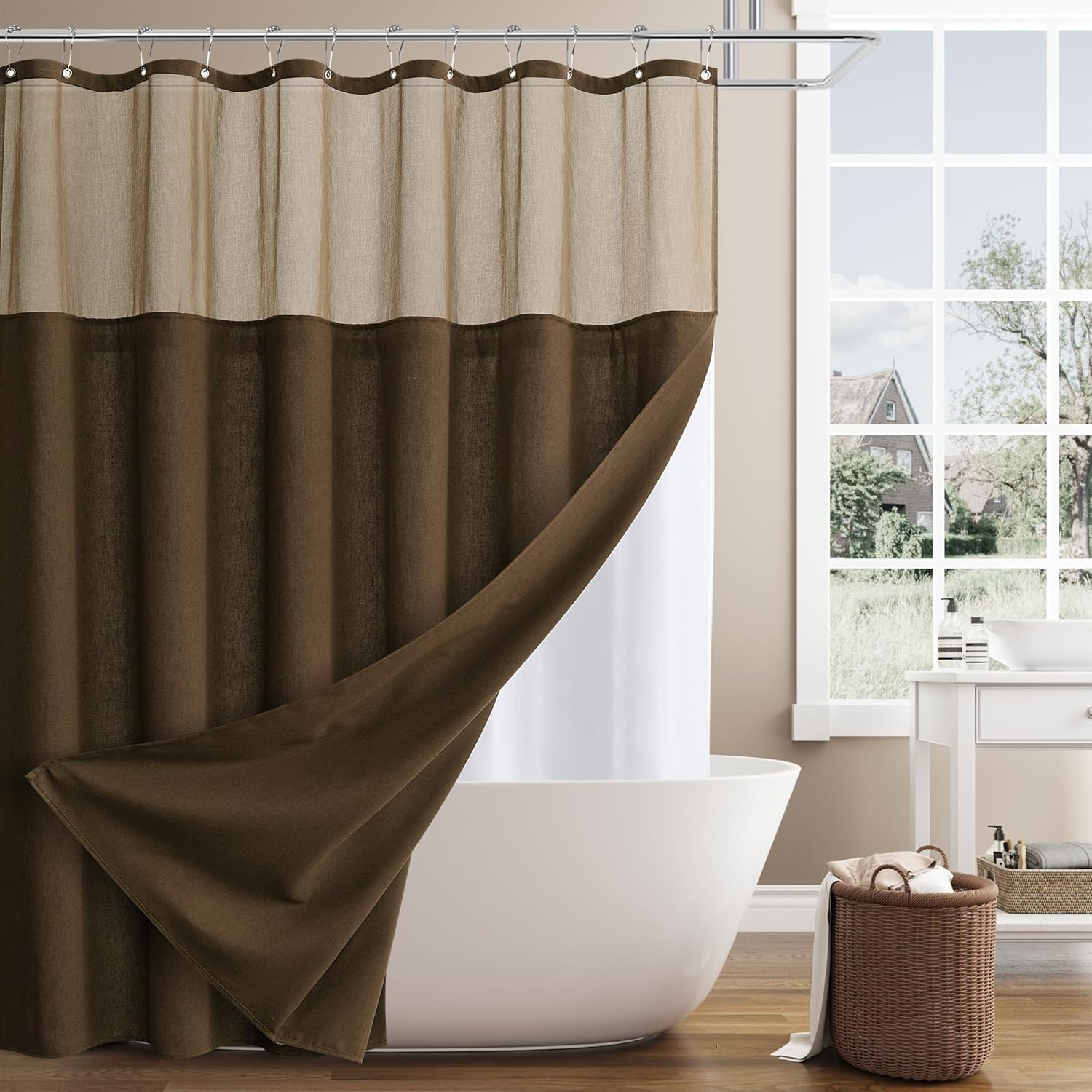 Naturoom Brown Linen Shower Curtain and Liner Set Rustic