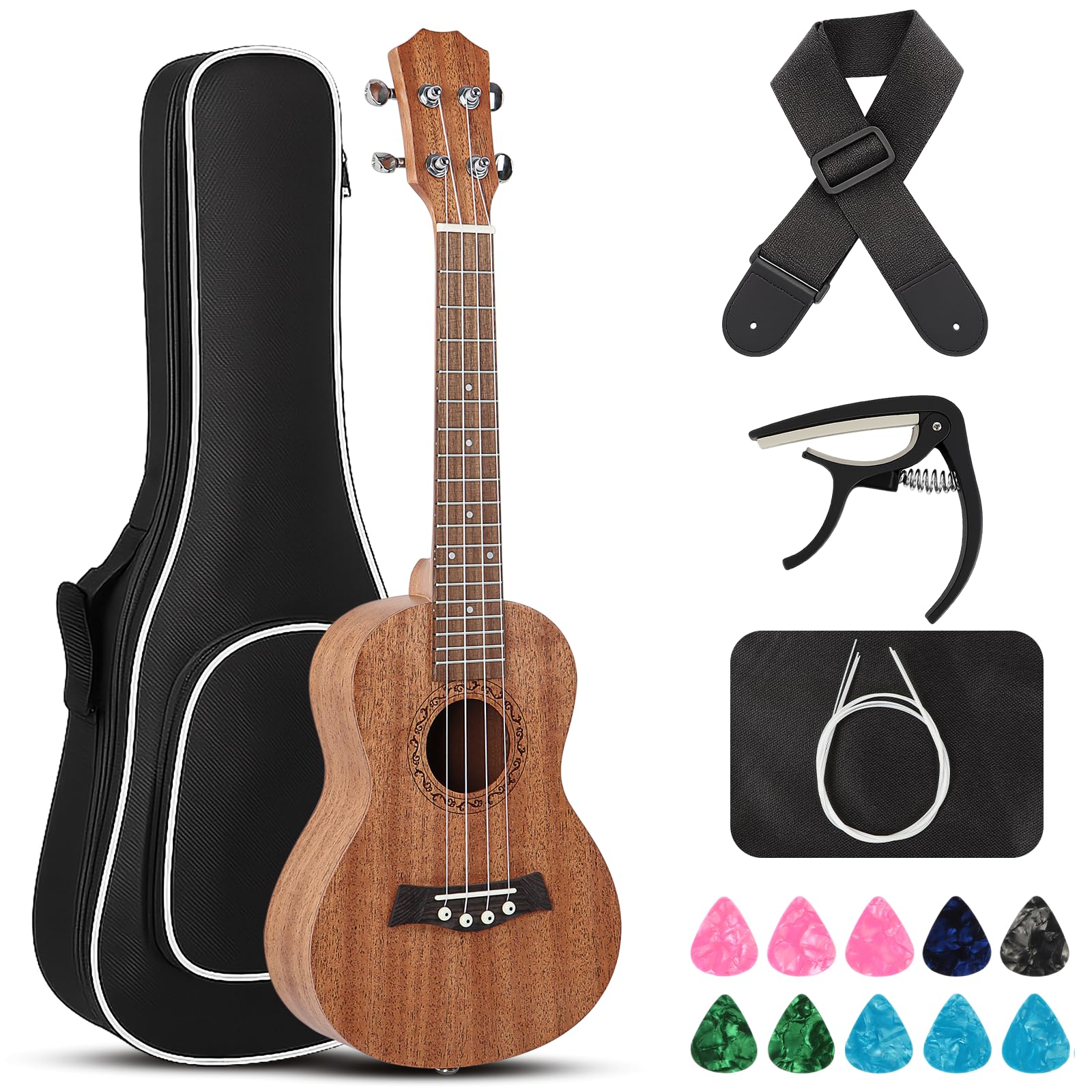 Ukulélé Concert pour Adultes & Enfants - Ukulélé Professionnel 23" en Acajou, Son Premium, Design Élégant & Nécessaire de Démarrage Complet (Housse, Sangle, Médiators, Cordes)