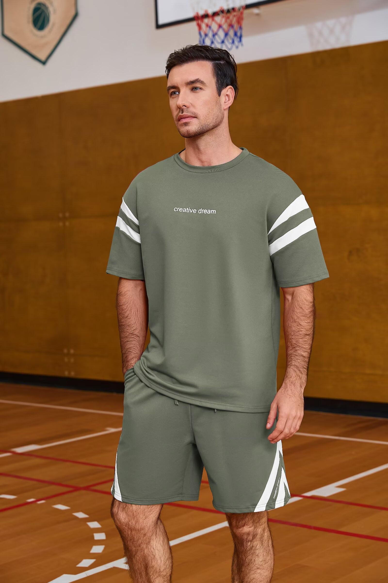 Remxi Herren Trainingsanzug Set Sommer Shorts 2 teiliges Set für Männer Gestreiftes T-Shirt Kurze Hose Jogginganzug Sportanzug Tracksuit