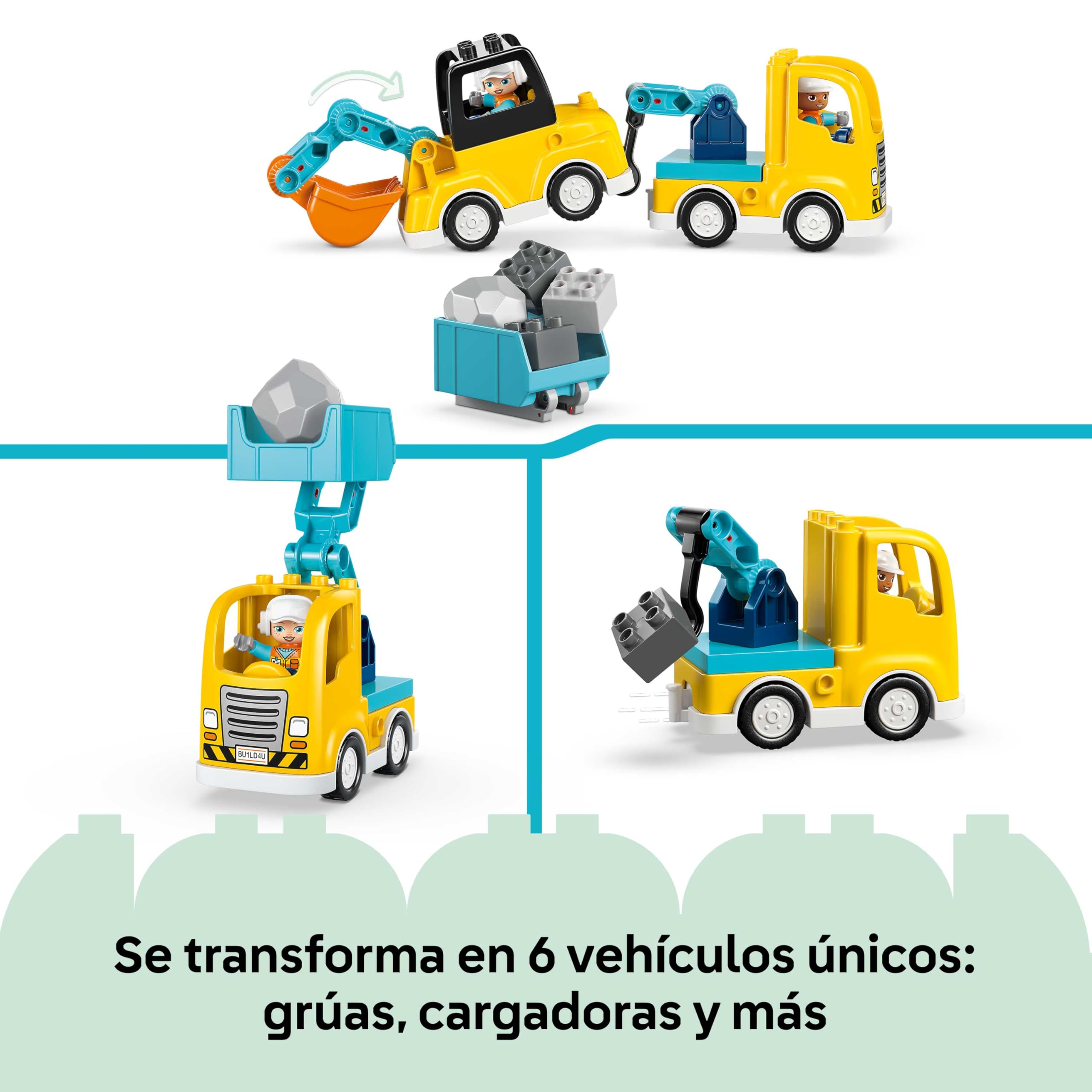 LEGO Duplo Vehículos de Construcción “3en1” - Juego Educativo Montessori con Camiones, Excavadoras y Vehículos de Construcción de Juguete - Regalo de Cumpleaños para Niños y Niñas de 2+ Años - 10475