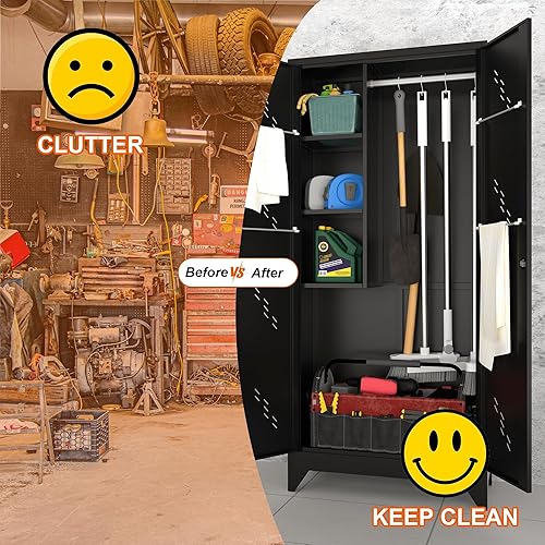 Miniatura 6 de Armario de almacenamiento de metal de 75 pulgadas, gabinete de almacenamiento de herramientas de limpieza, armario de escoba de almacenamiento