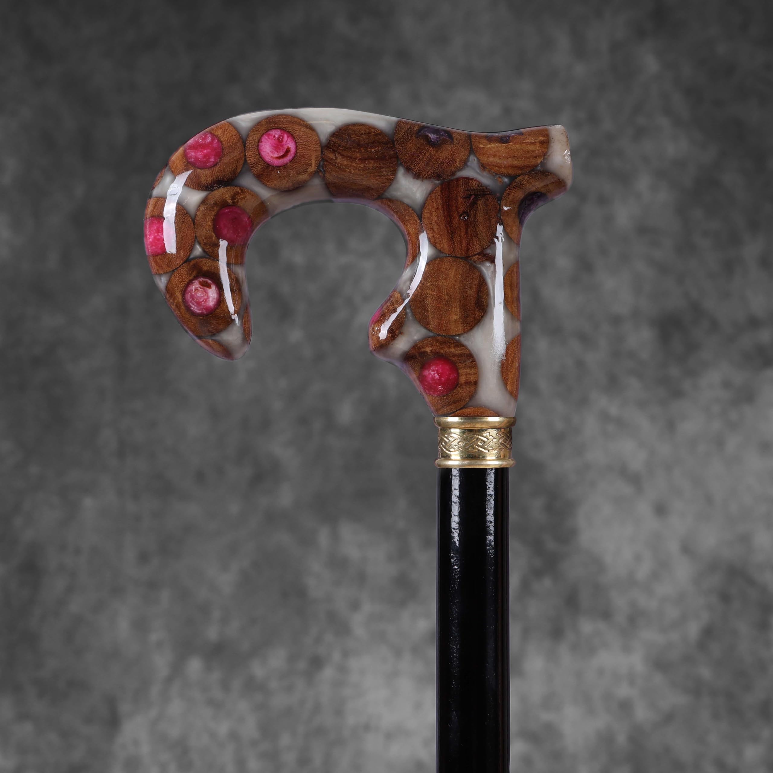 Artistic Walking Stick with a Unique Wood and Blue Epoxy Handle, Walking Stick for Men Ornate Brass Collar, and Sleek Black Shaft