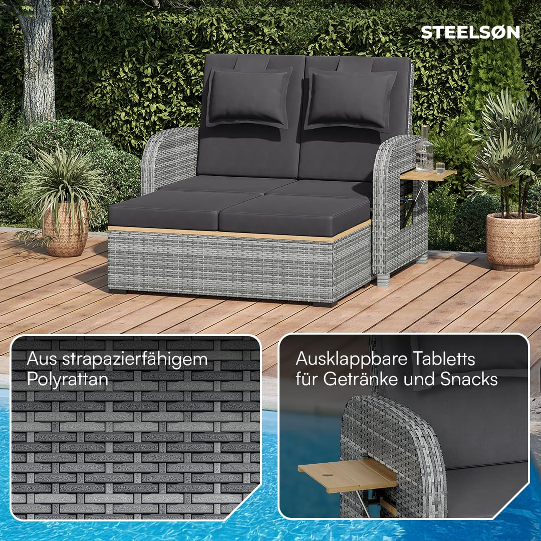 STEELSØN Caelum Sonnenliege mit Kissen Grau – Rattan Loungebett verstellbare Rückenlehne – Doppelliege ausklappbare Seitentische – Gartenliege wetterfest – Sonnenbett 2 Personen – mit Liegefunktion