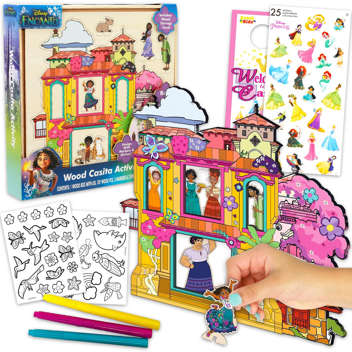 Disney Encanto Casita Wooden Activity Set - Bundle DIY Activity Kit with Wood Pieces, Markers, Stickers, More Encanto Casita Playset for Kids, Girls, Boys