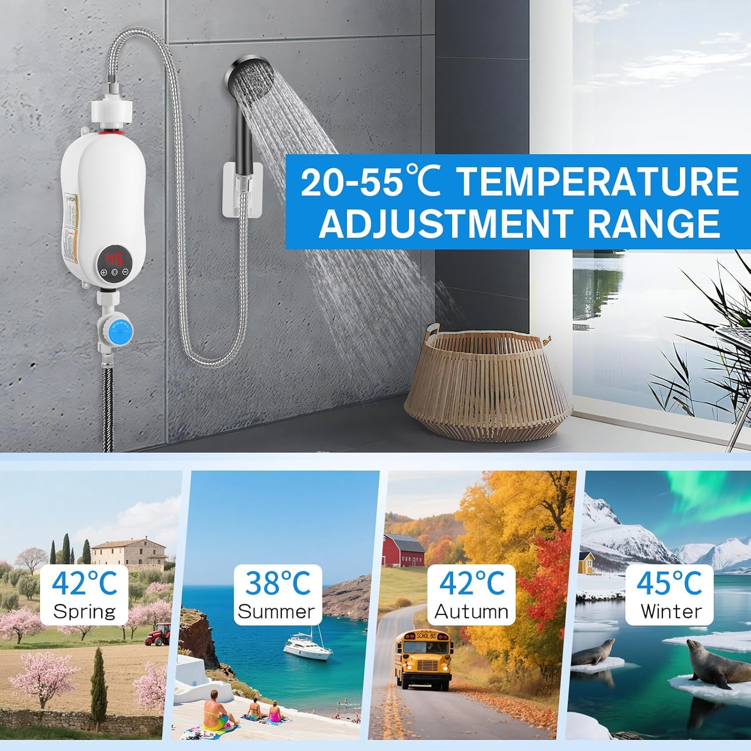 Scaldacqua elettrico istantaneo (con kit doccia) 5500 W 220 V mini scaldabagno senza serbatoio acqua calda, indicatore di temperatura LED + tecnologia intelligente inverter (5500 W)