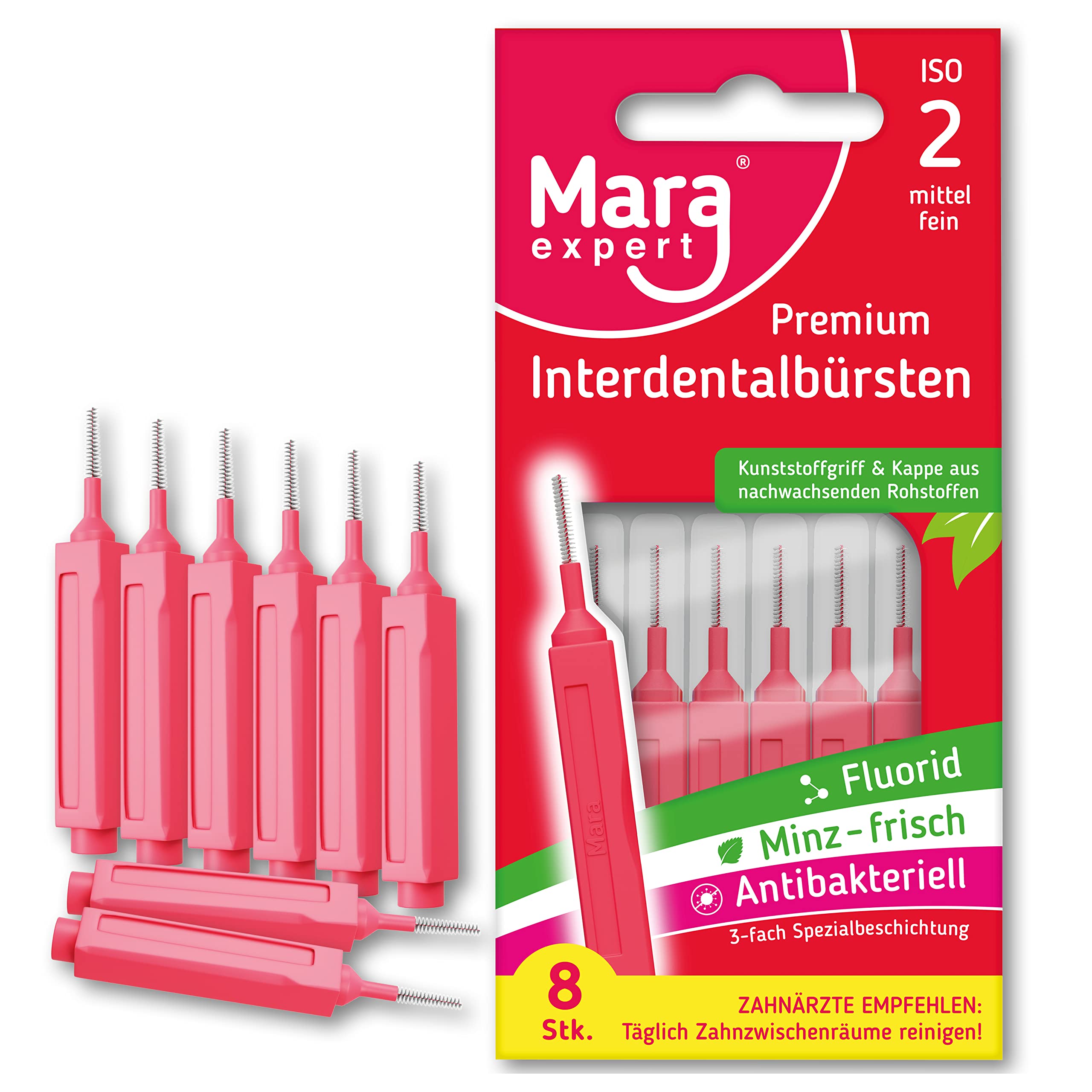 MARA EXPERTInterdental Brush Red 0.5 mm ISO 2 Medium Fine 8 Interdental Brushes Organic Plastic Brushes for Interdental Spaces with Mint Flavour - Chlorhexidine - Fluoride