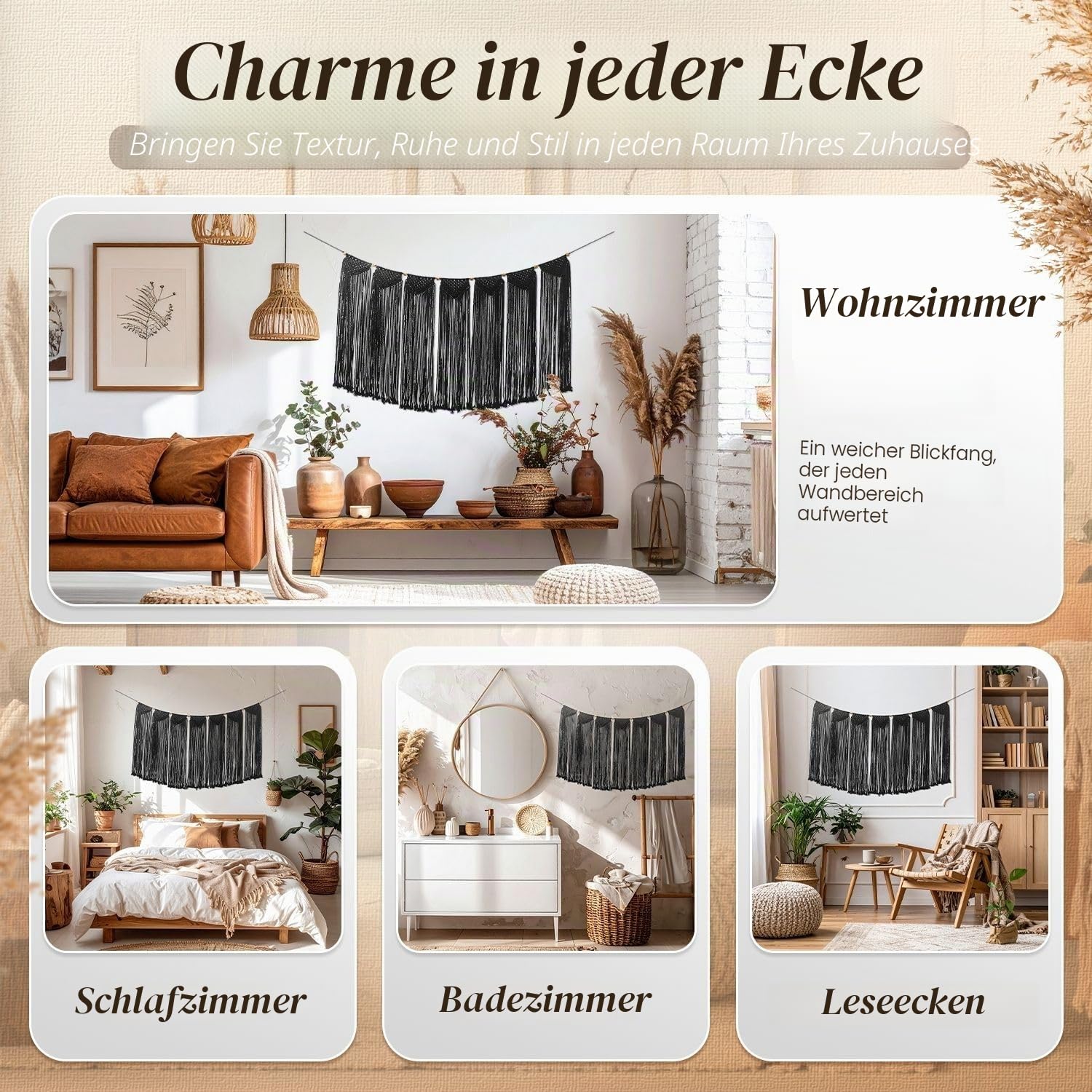 Flexzion Makramee Wandbehang 120 x 72 cm, Woven Wanddeko Boho Deko Wandteppich Vorhang Baumwolle Gewebte, Große Böhmische Tapisserie Wohndekorationen für Hochzeit Schlafzimmer Wohnzimmer - Schwarz|