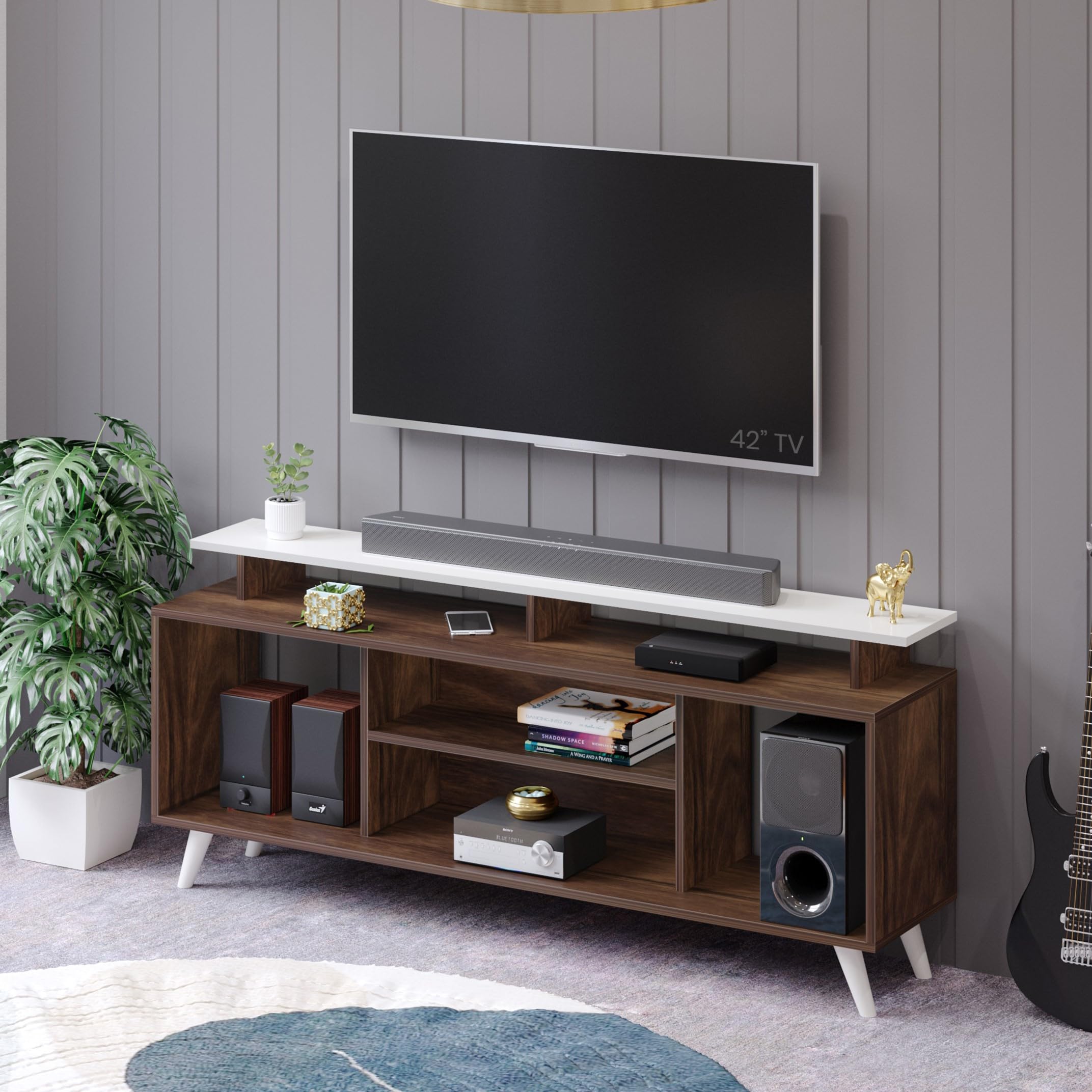 BLUEWUD Skiddo Lite Engineered Wood TV Entertainment Unit Set Top Box Stand/TV Panel Cabinet with Shelves for Books & Décor Display Unit Bed Living Room Upto 55 Inches - DIY (Brown Maple & White)