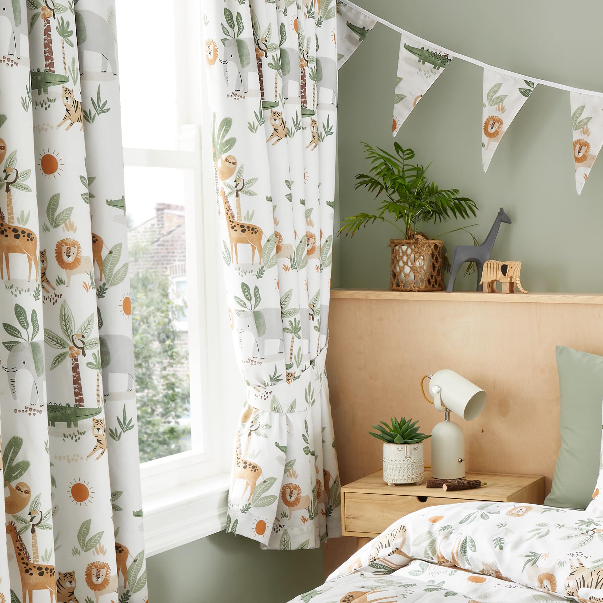 Happy Linen Company Ensemble de rideaux pour enfants avec animaux de la jungle Safari ivoire 66 x 54 pouces occultants thermiques