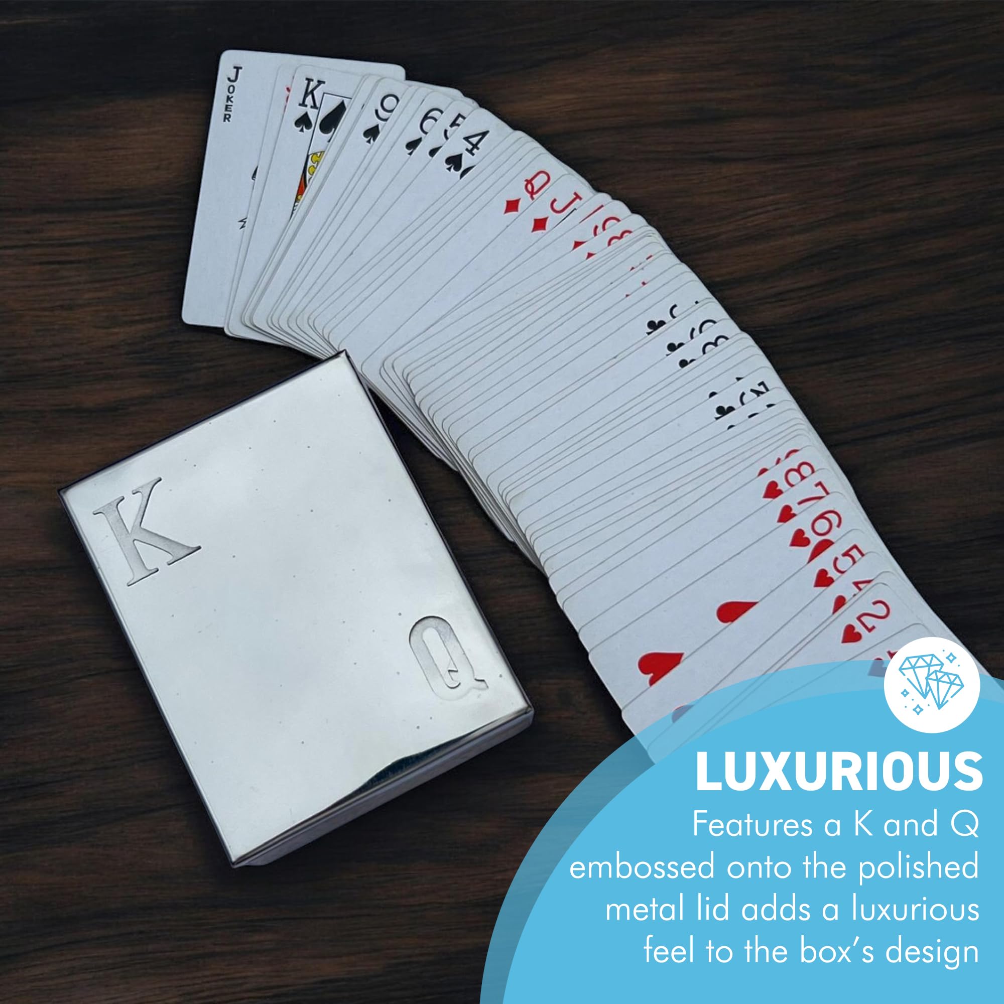 Thorness Playing Cards in Elegant Wooden Gift Box with Metal Embossed Hinged Lid for Storage, Brown and Silver, 11cm x 8.5cm x 4cm - Image 3