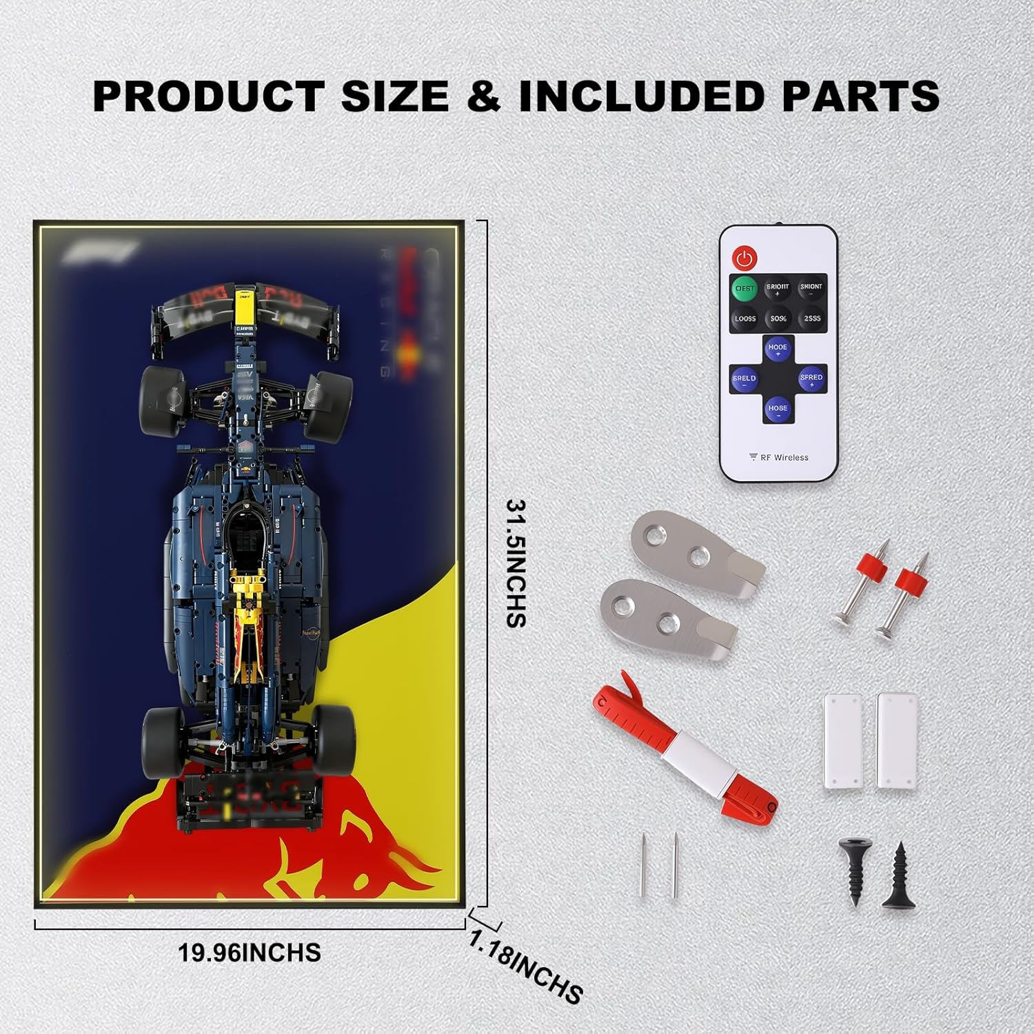 Display Case & Wall Frame for Lego F1 Speed Champions Red Bull RB20 42206, 50x80cm Aluminum Wall Mount Display with Crystal PMMA Panel (for Lego F1 Red Bull 42206, with Light)