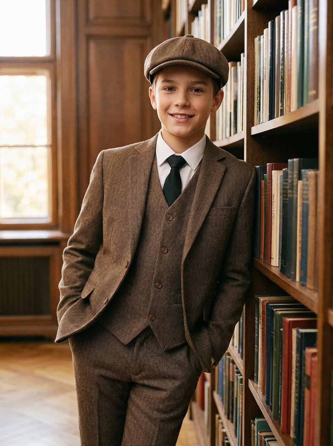 Retro Boys Herringbone Tweed Suit 5 Piece, Light Brown, 5T