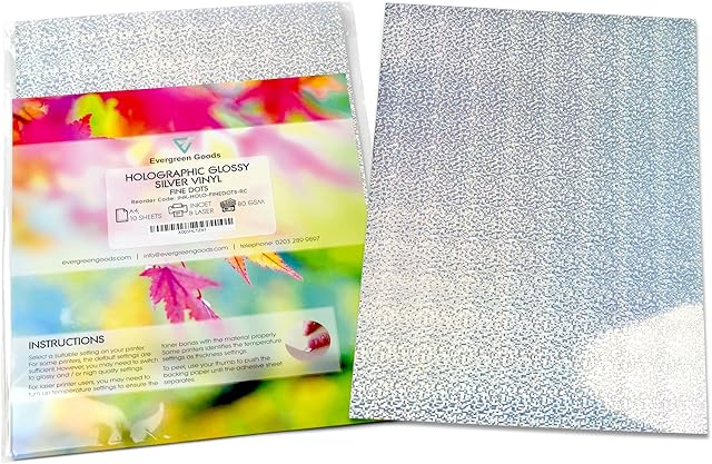 Evergreen Goods 10 Sheets A4 Holographic Silver Sticker Vinyl | Fine Dots Pattern | Inkjet & Laser Printable | Self Adhesive Sticky Back | Suitable for Cricut and Silhouette Machines | Make Stickers