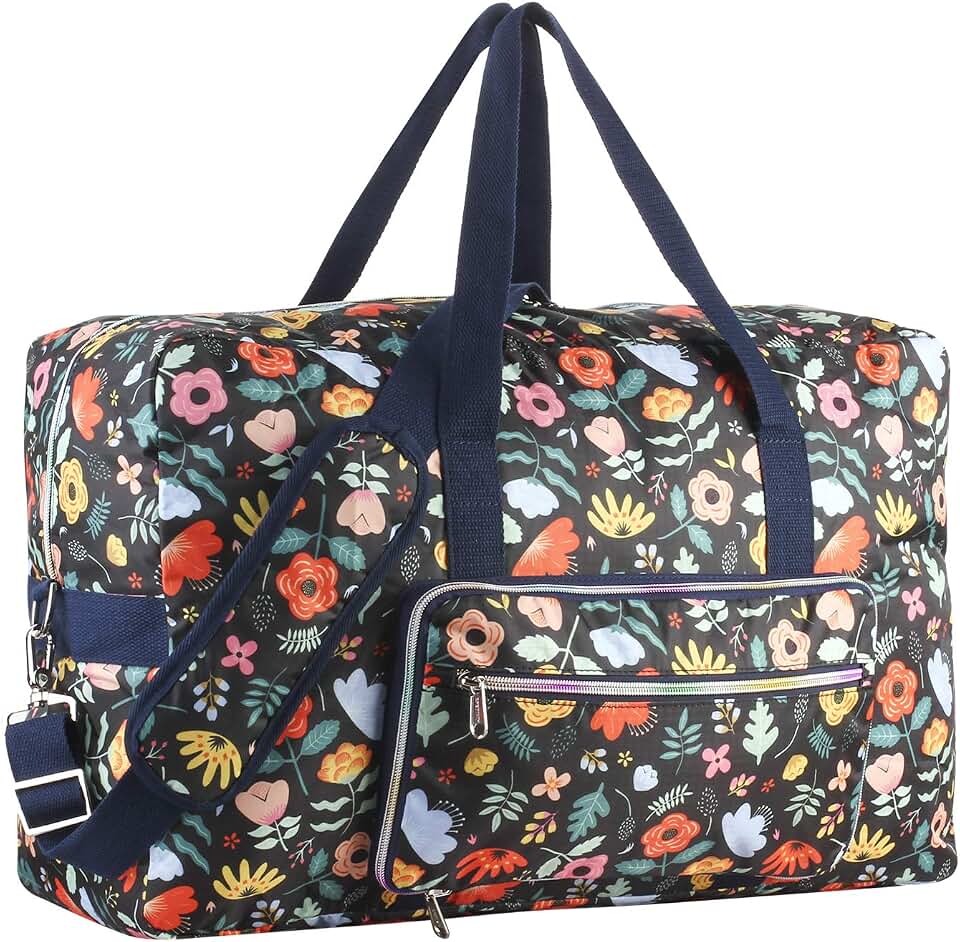 F.FETIVIN Travel Foldable Waterproof Duffel Bag - Lightweight Carry on Luggage Tote Duffel Bag(Black Floral)