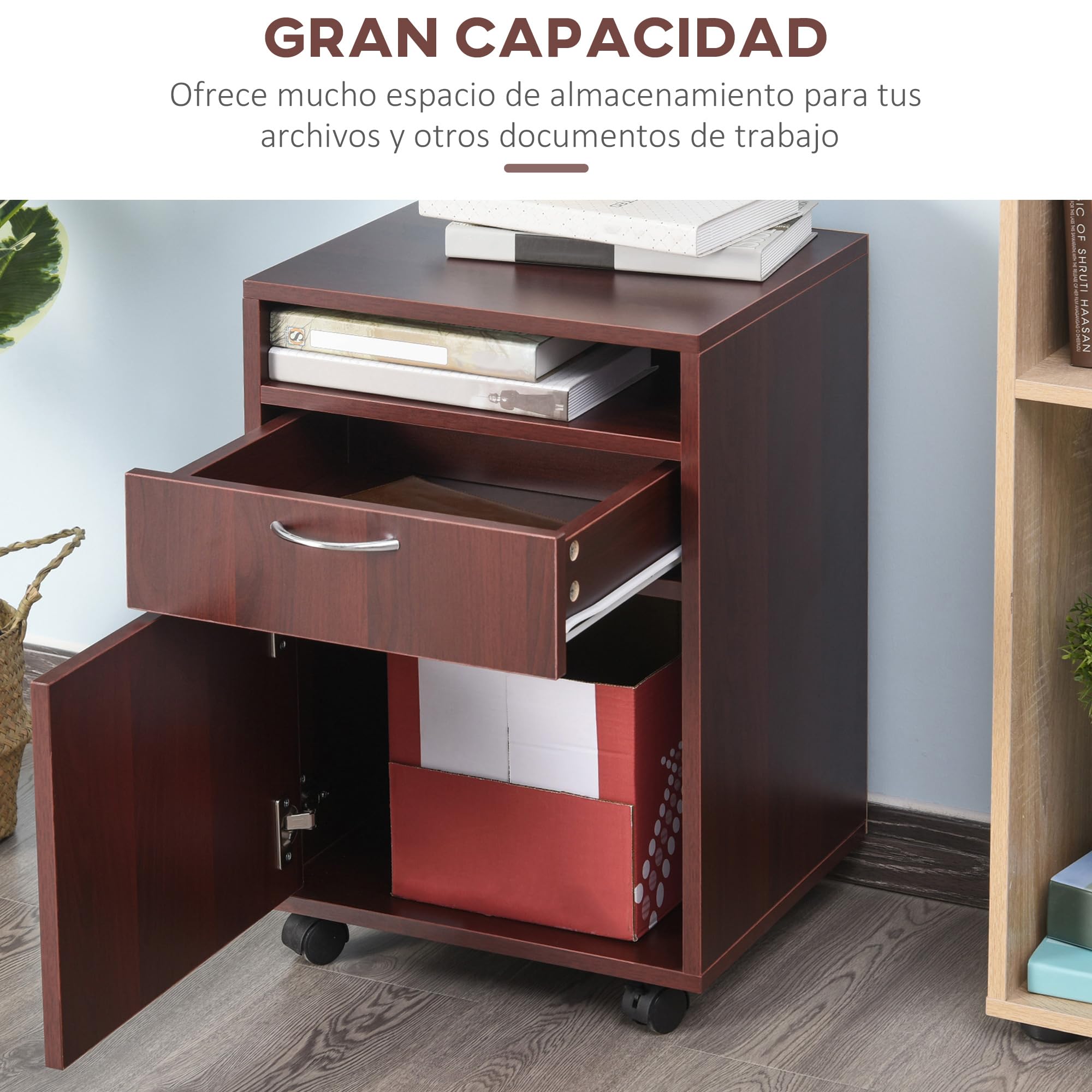 HOMCOM Cassettiera da scrivania con ruote, cassettiera da ufficio con cassetto, vano, porta, raccoglitore mobile per studio, soggiorno, 40 x 35 x 60 cm, caffè scuro
