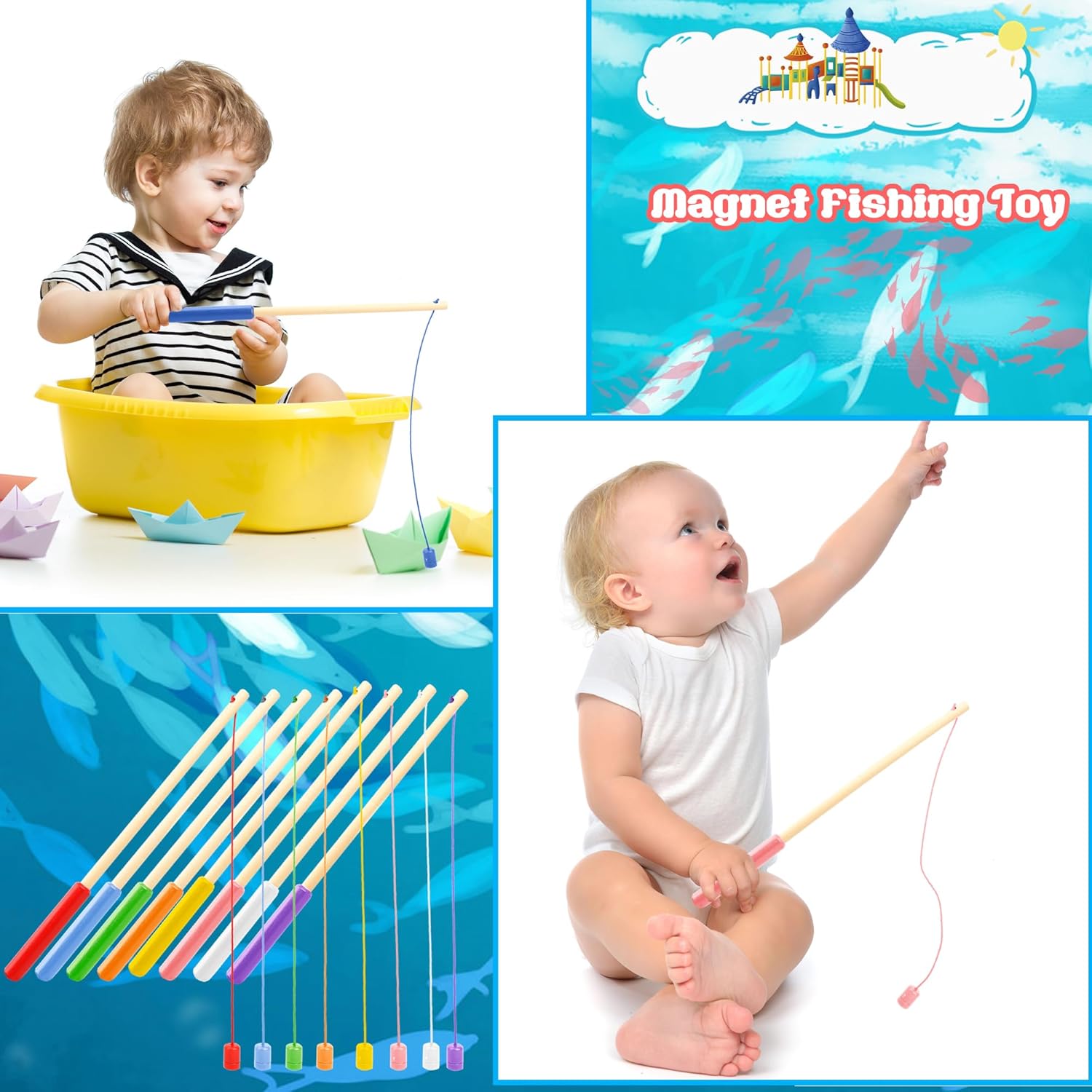 24 Pcs 10 Inch Kids Magnetic Fishing Poles Wooden Magnetic Fishing Rods Colorful Wooden Fishing Games for Kindergarten Boys Girls Fishing Game Birthday Gifts, 8 Colors